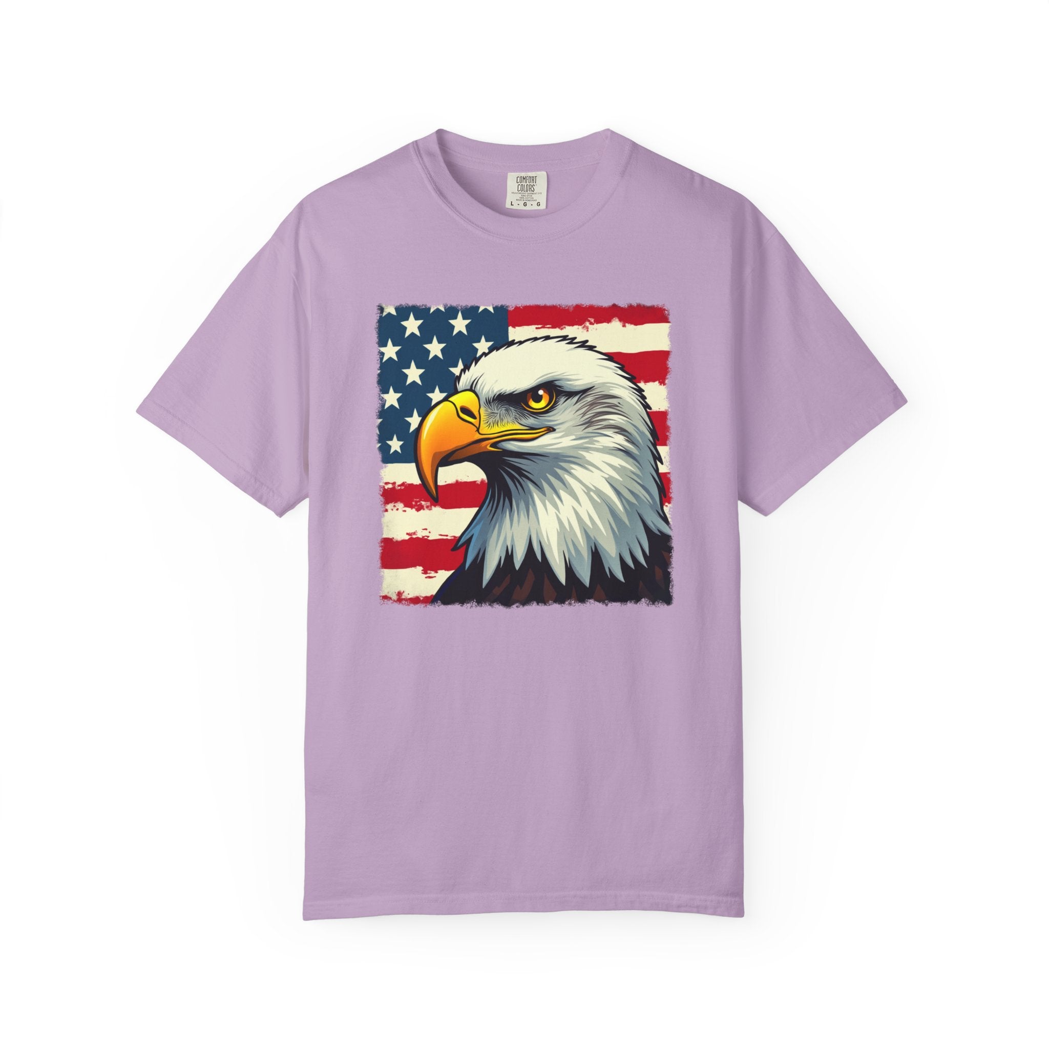 Orchid purple t-shirt with an eagle and American flag design on a white background