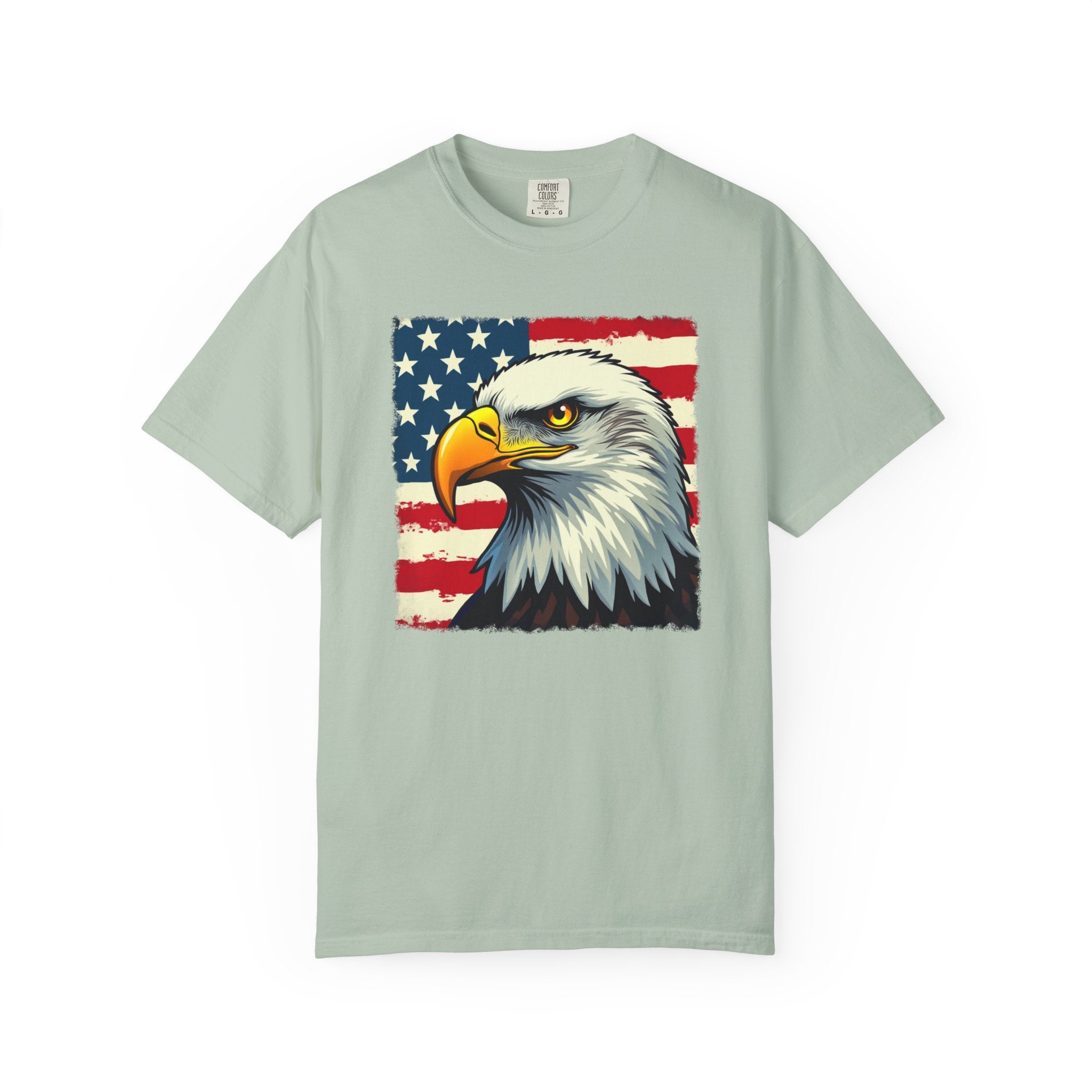 Bay light green t-shirt with an eagle and American flag design on a white background