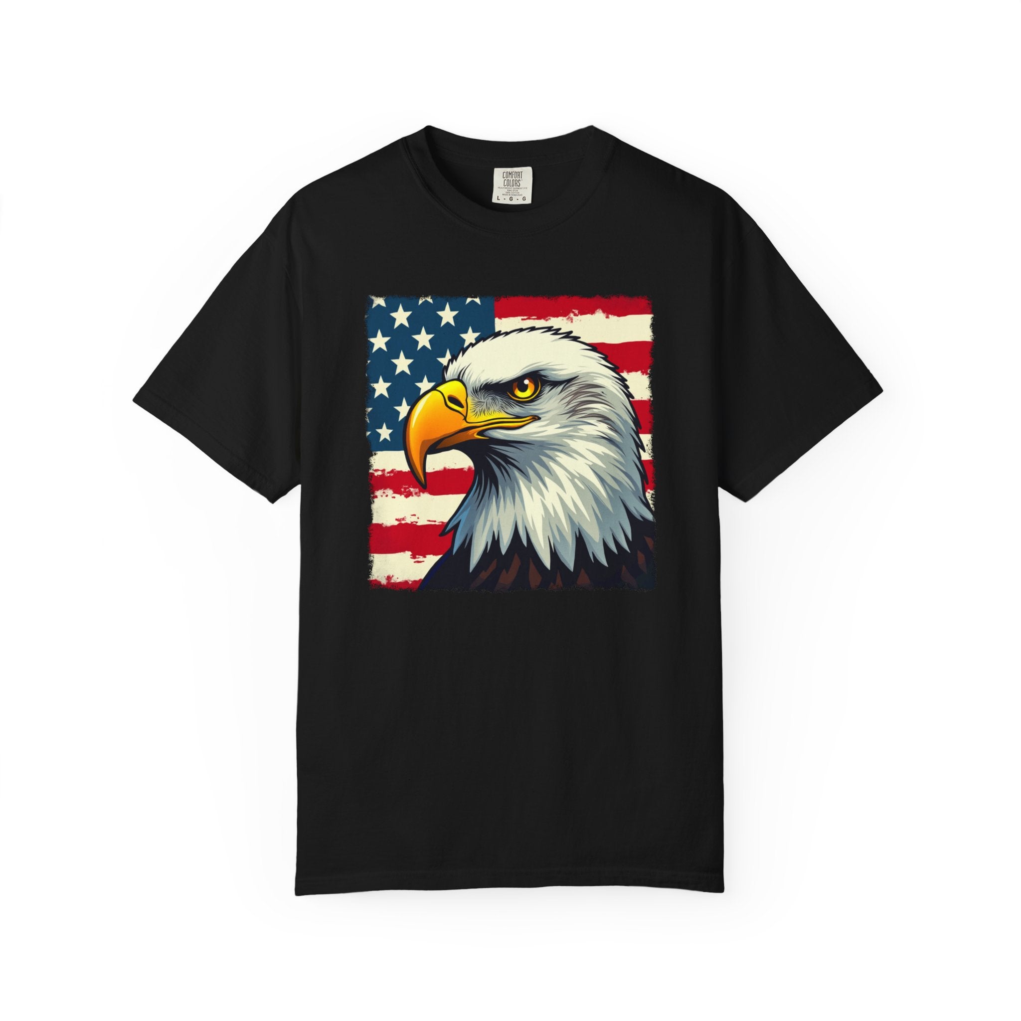 Black t-shirt with an American flag and bald eagle design on a white background