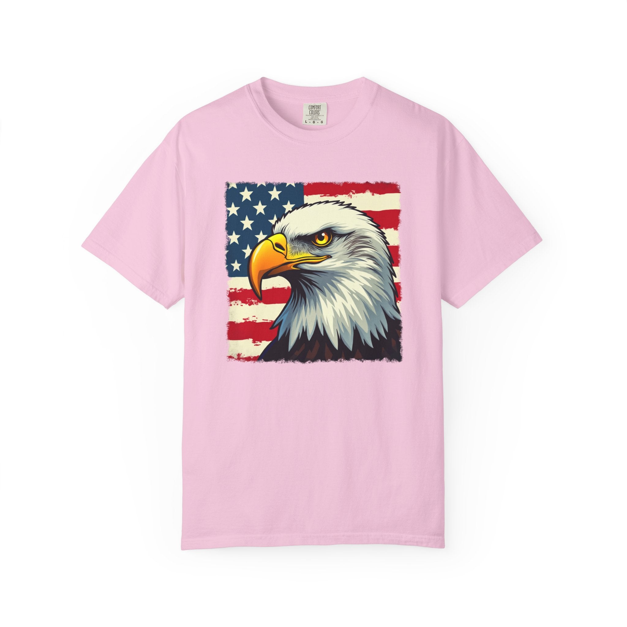 Blossom pink t-shirt with an eagle and American flag design on a white background
