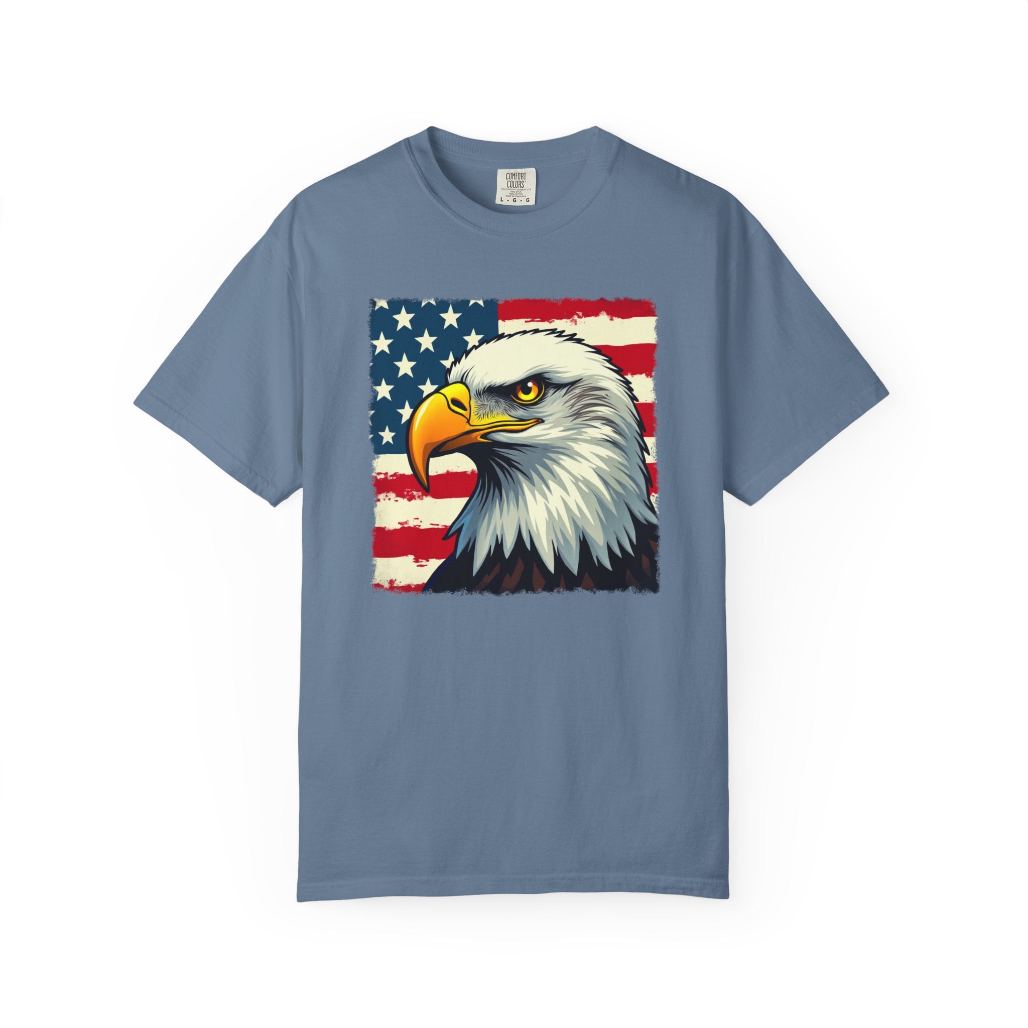 Blue jean t-shirt with an eagle and American flag design on a white background
