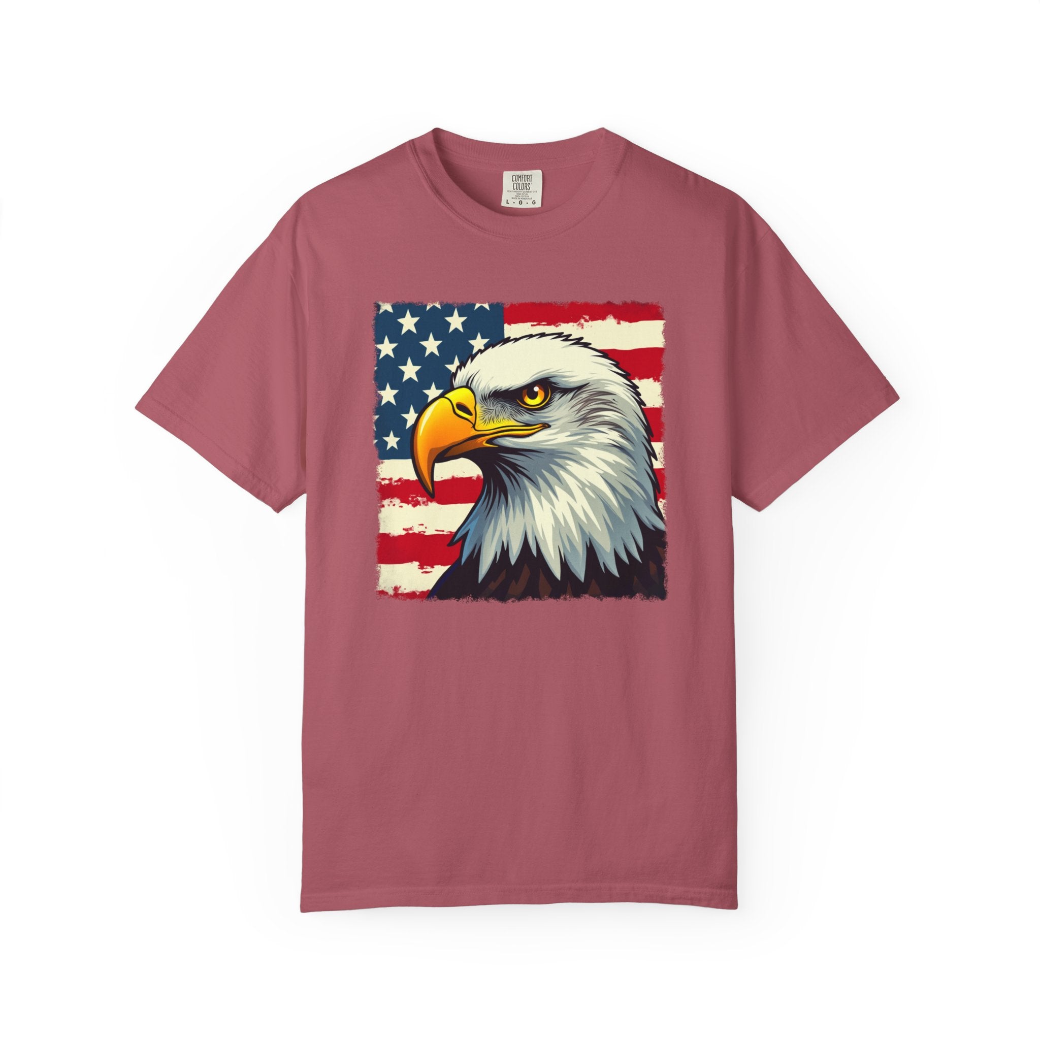 Maroon t-shirt with an eagle and American flag design on a white background