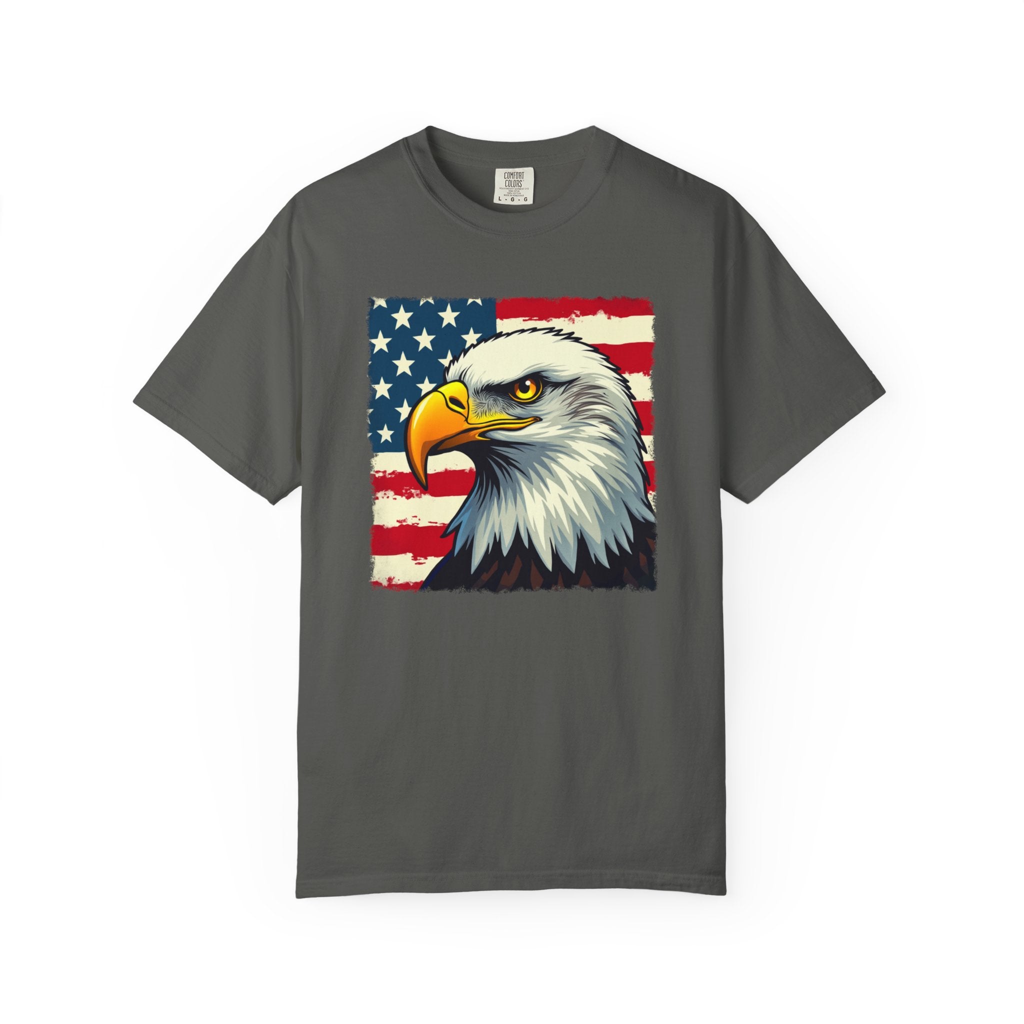 Graphite gray t-shirt with an eagle and American flag design on a white background