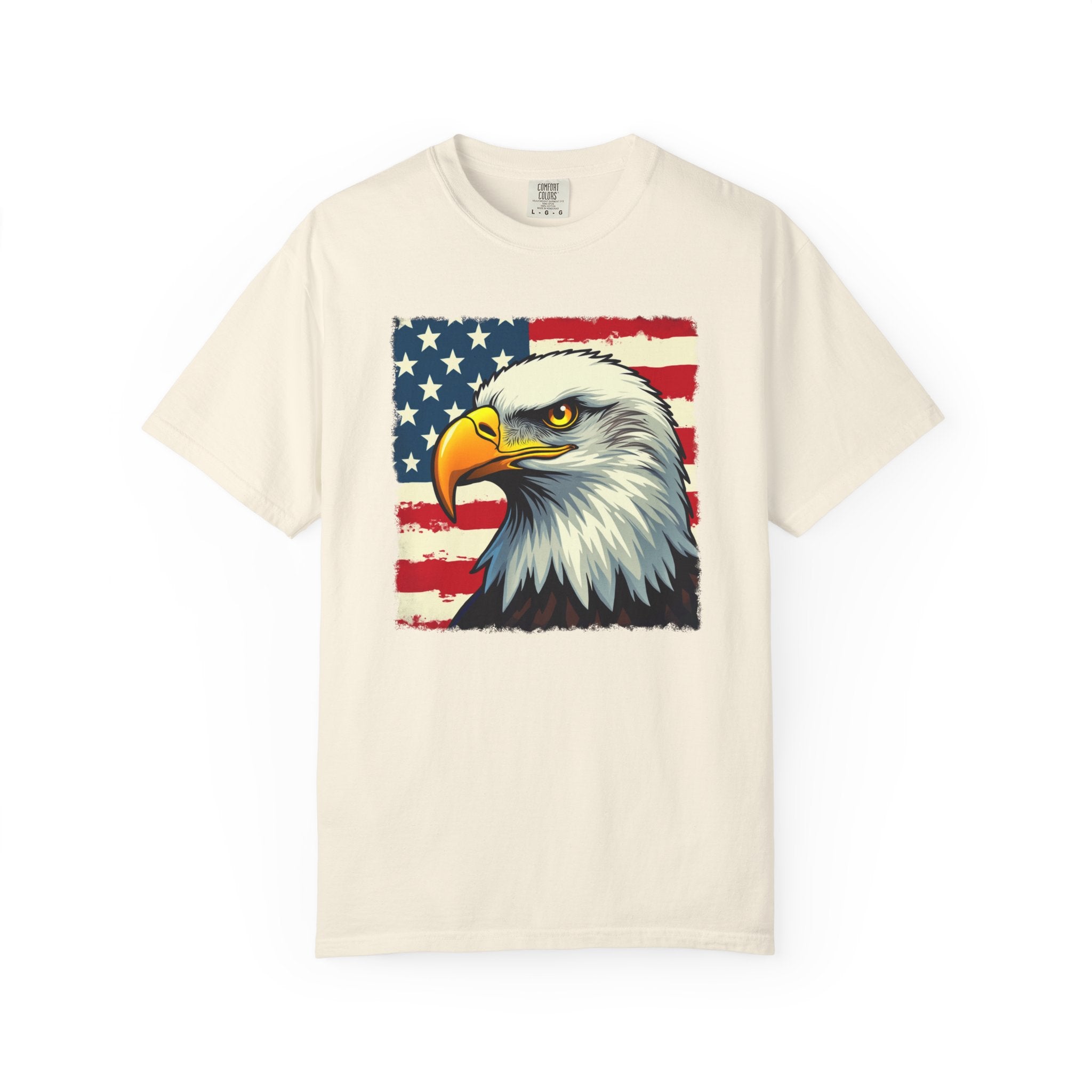 Ivory beige t-shirt with an eagle and American flag design on a white background