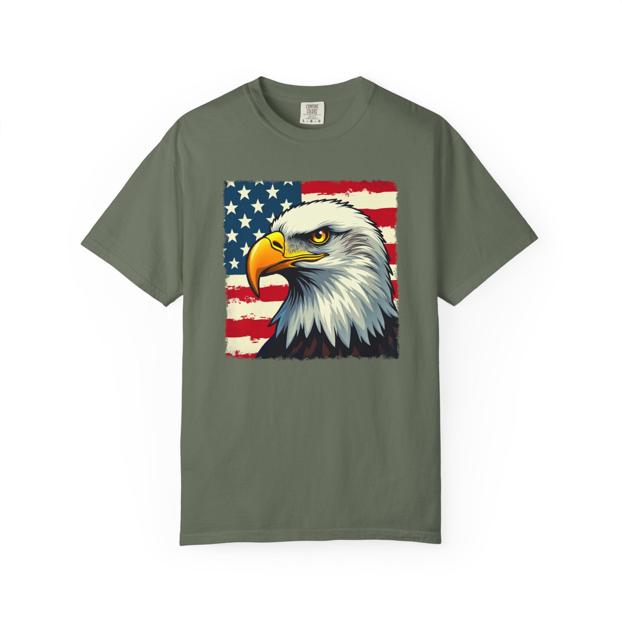Moss green t-shirt with a graphic of an eagle and American flag on a white background