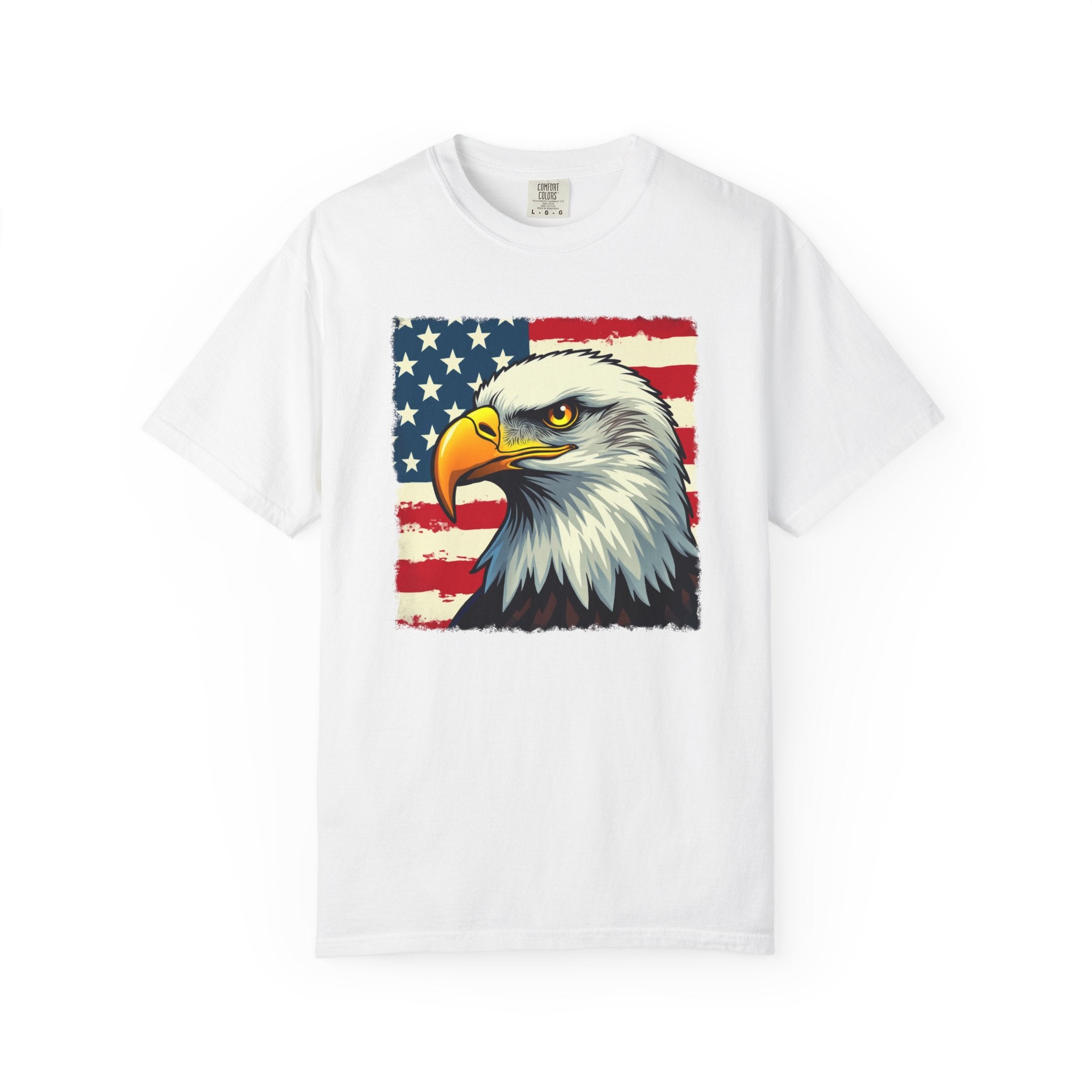 White t-shirt with an eagle and American flag design on a white background