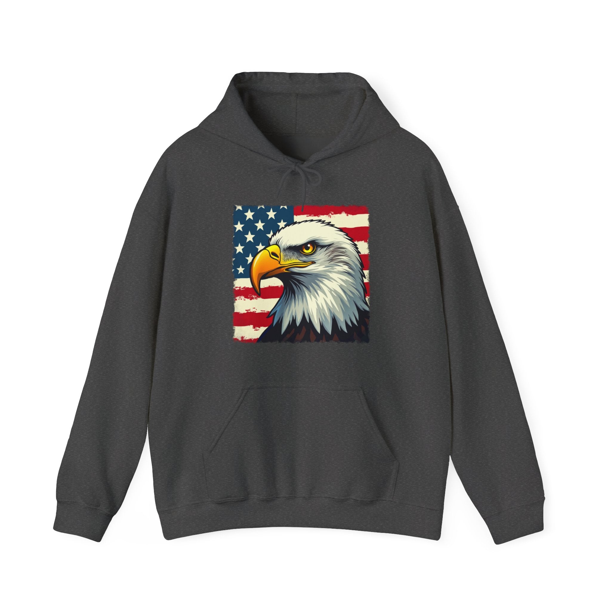 Gray hoodie with an eagle and American flag design on a white background