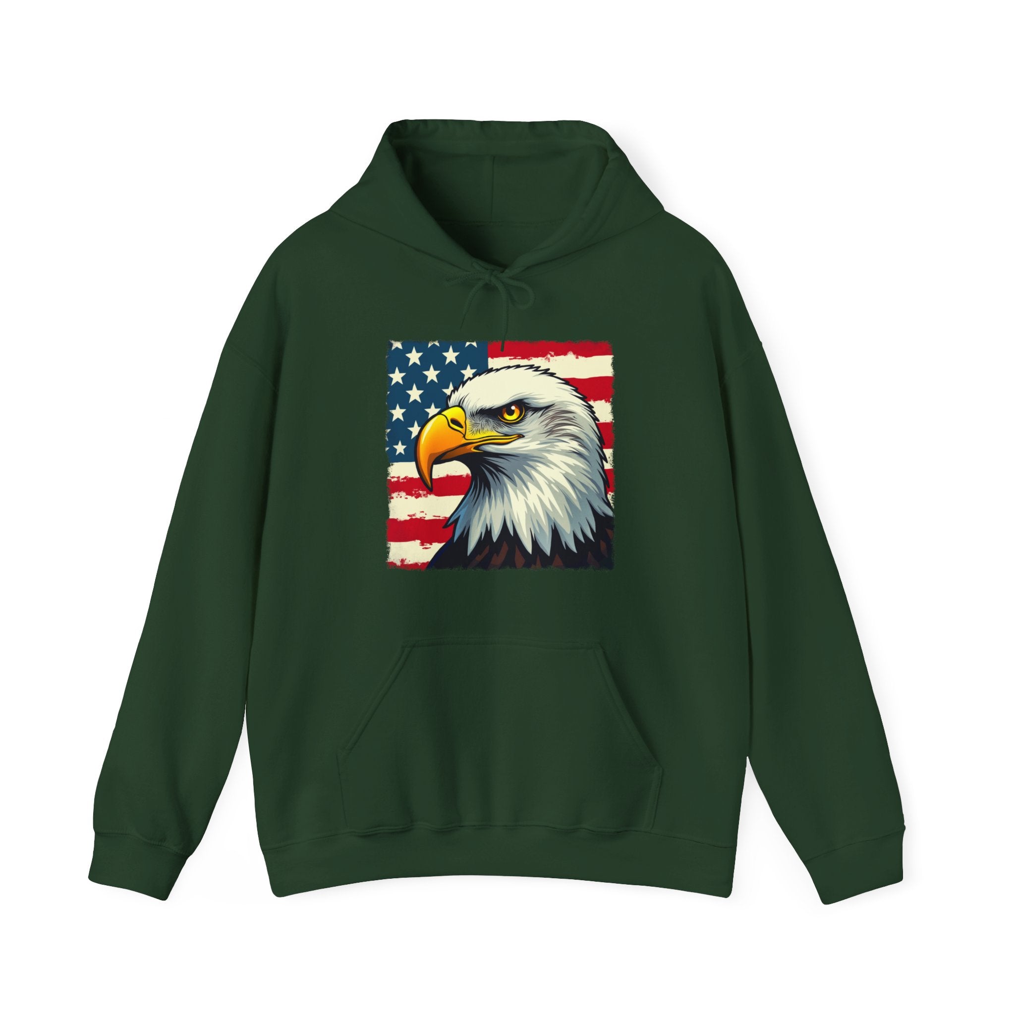 Forest green hoodie with an eagle and American flag design on a white background