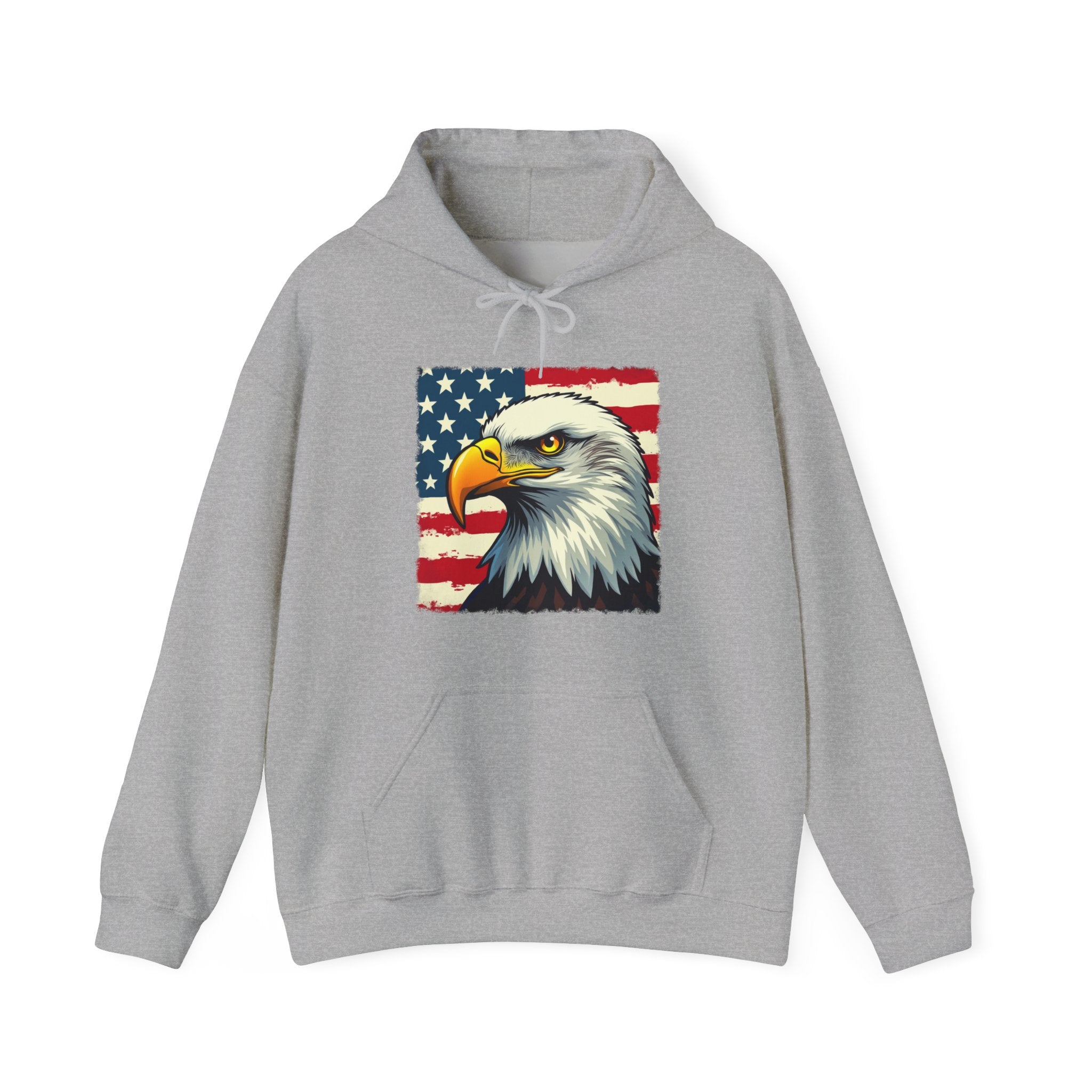 Gray hoodie with an eagle and American flag design on a white background