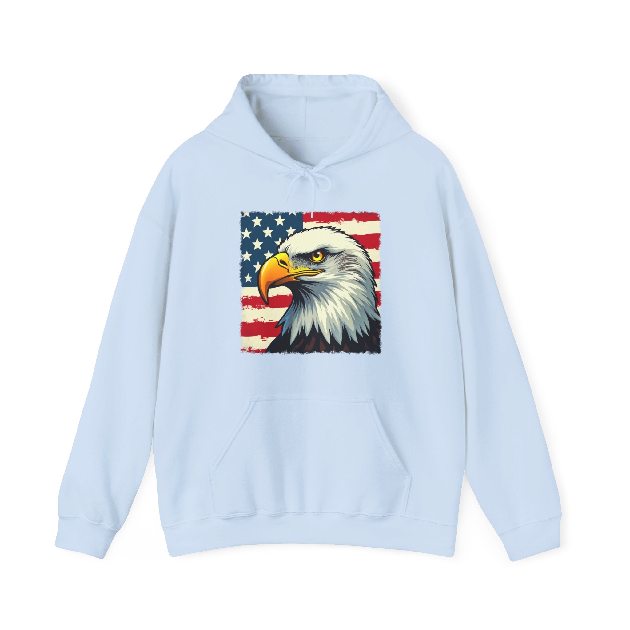 Light blue hoodie with an eagle and American flag design on a white background