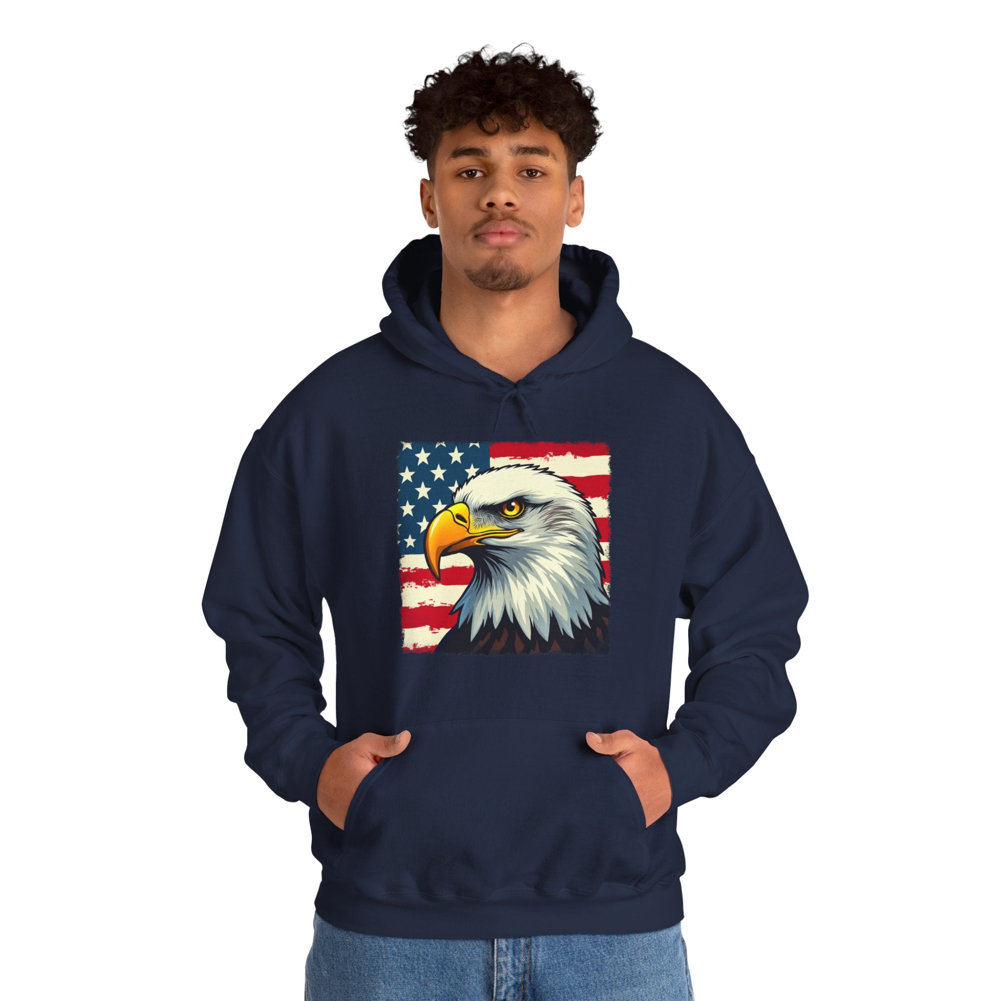 Person wearing a navy hoodie with an eagle and American flag design on a white background