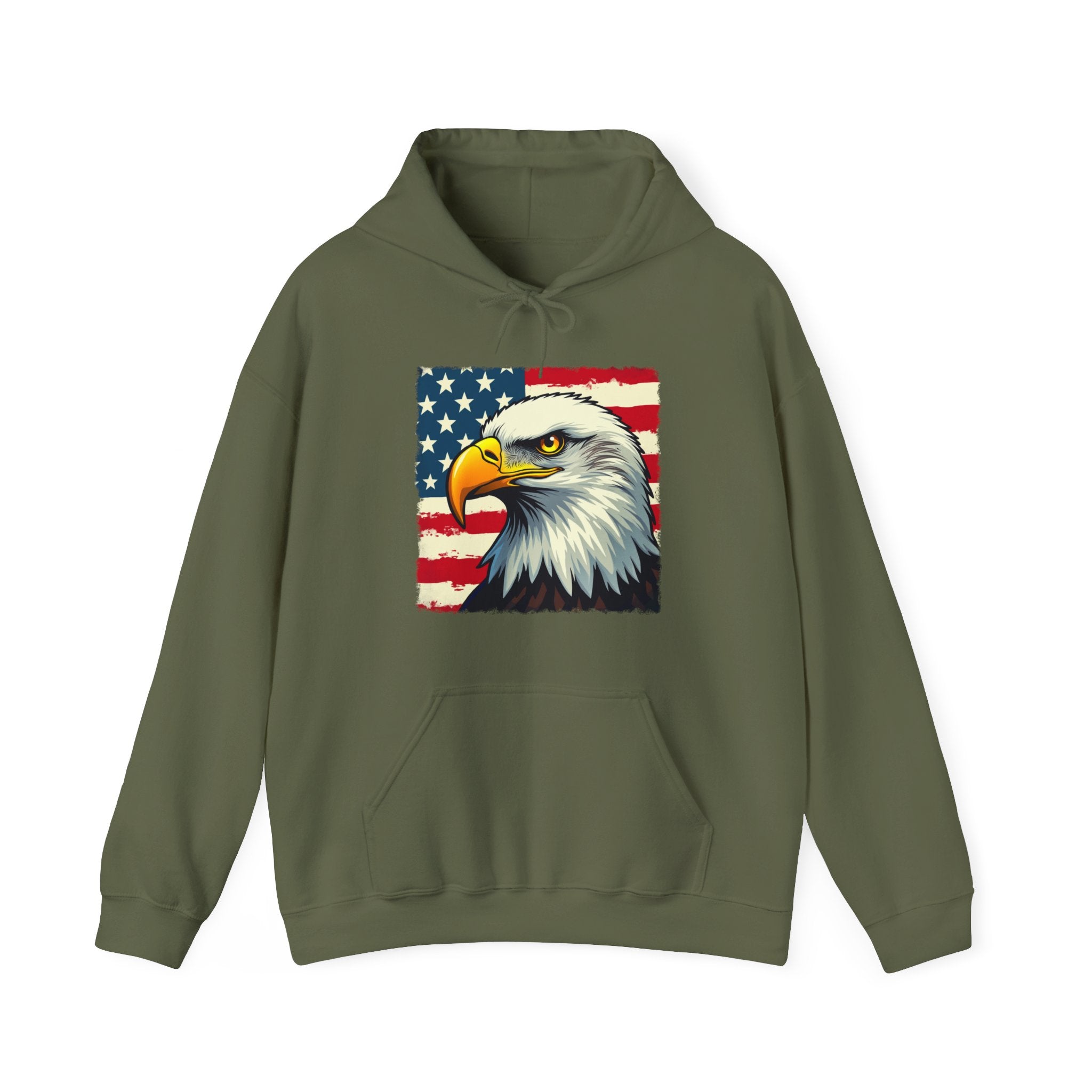 Military green hoodie with an eagle and American flag design on a white background