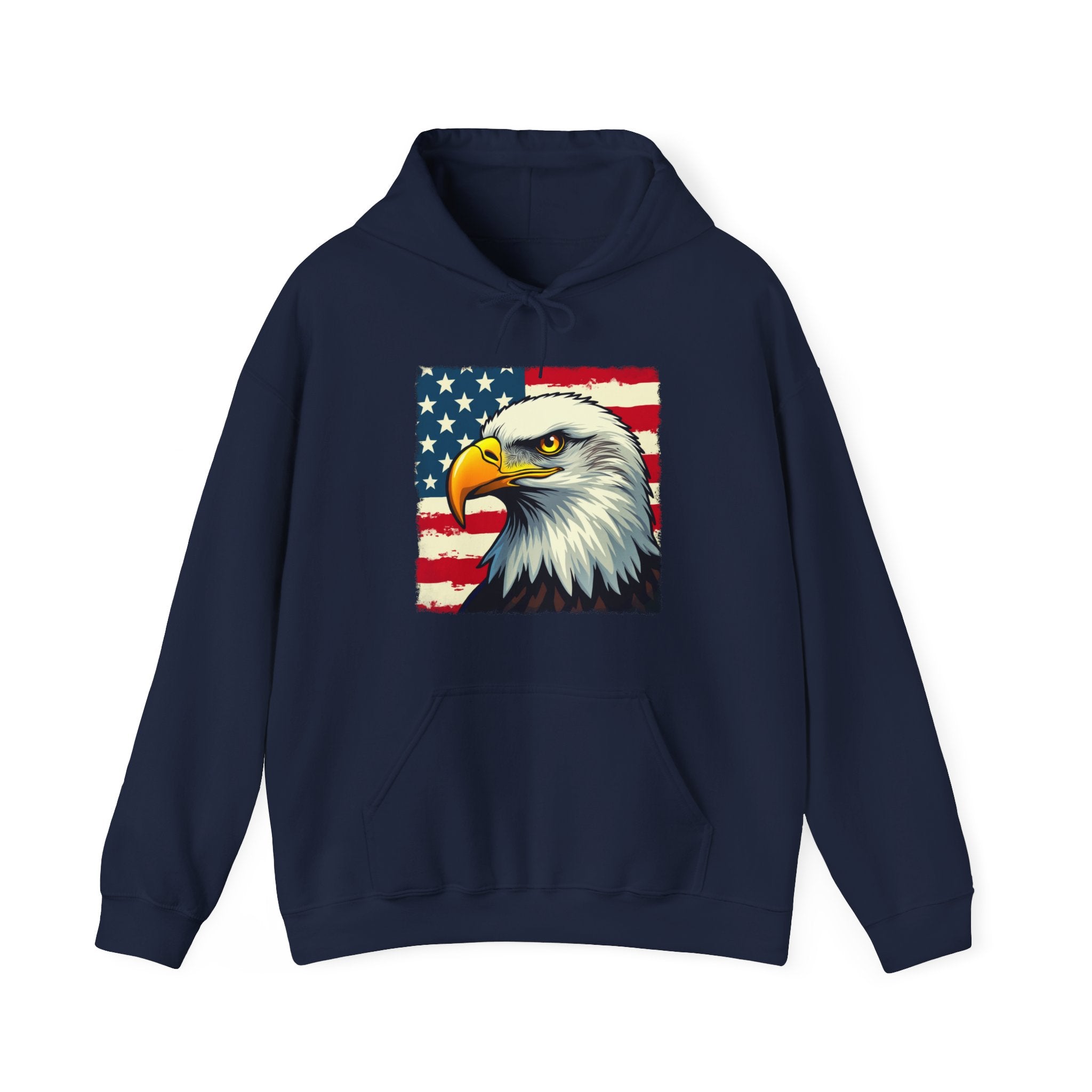 Navy blue hoodie with an eagle and American flag design on a white background
