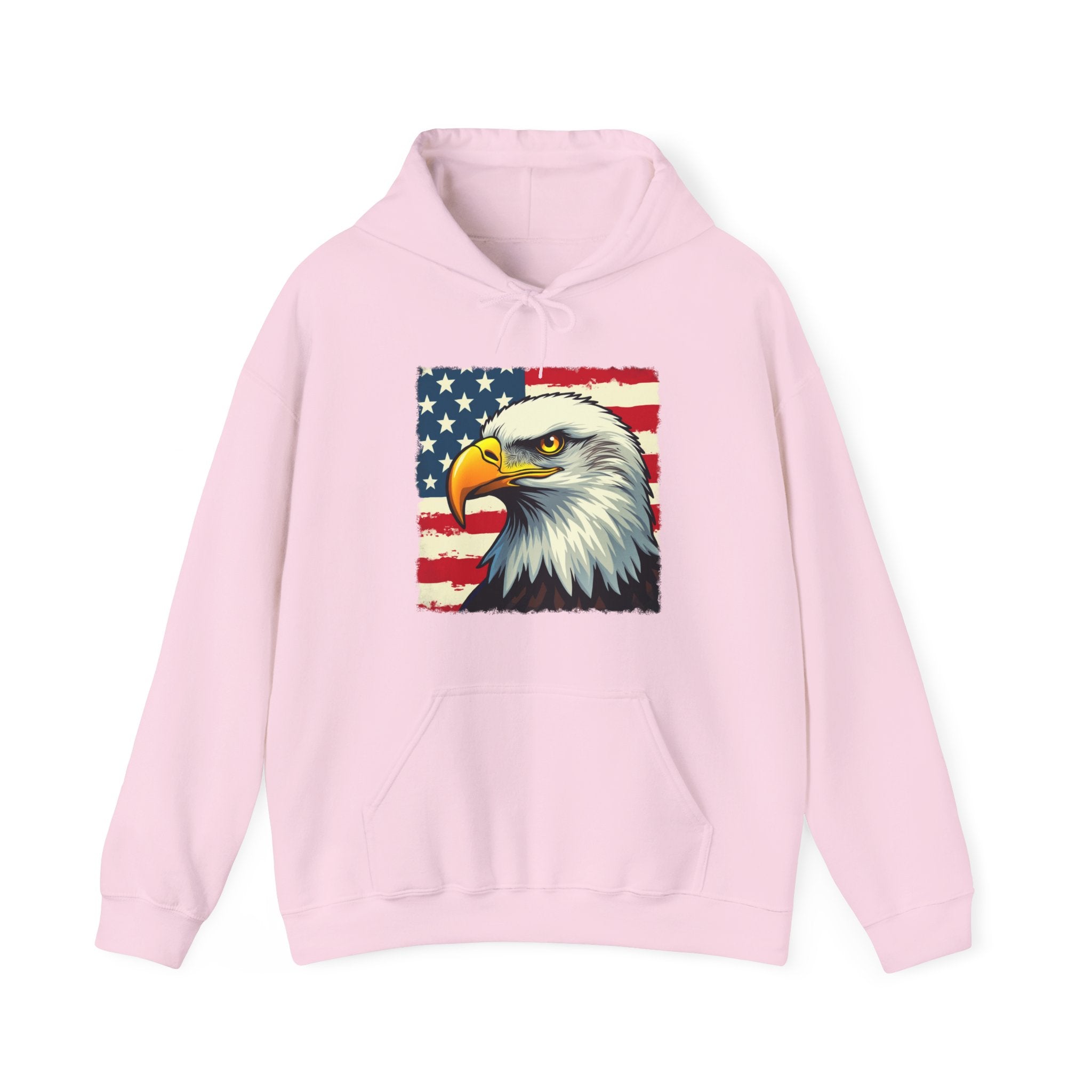 Pink hoodie with an eagle and American flag design on a white background