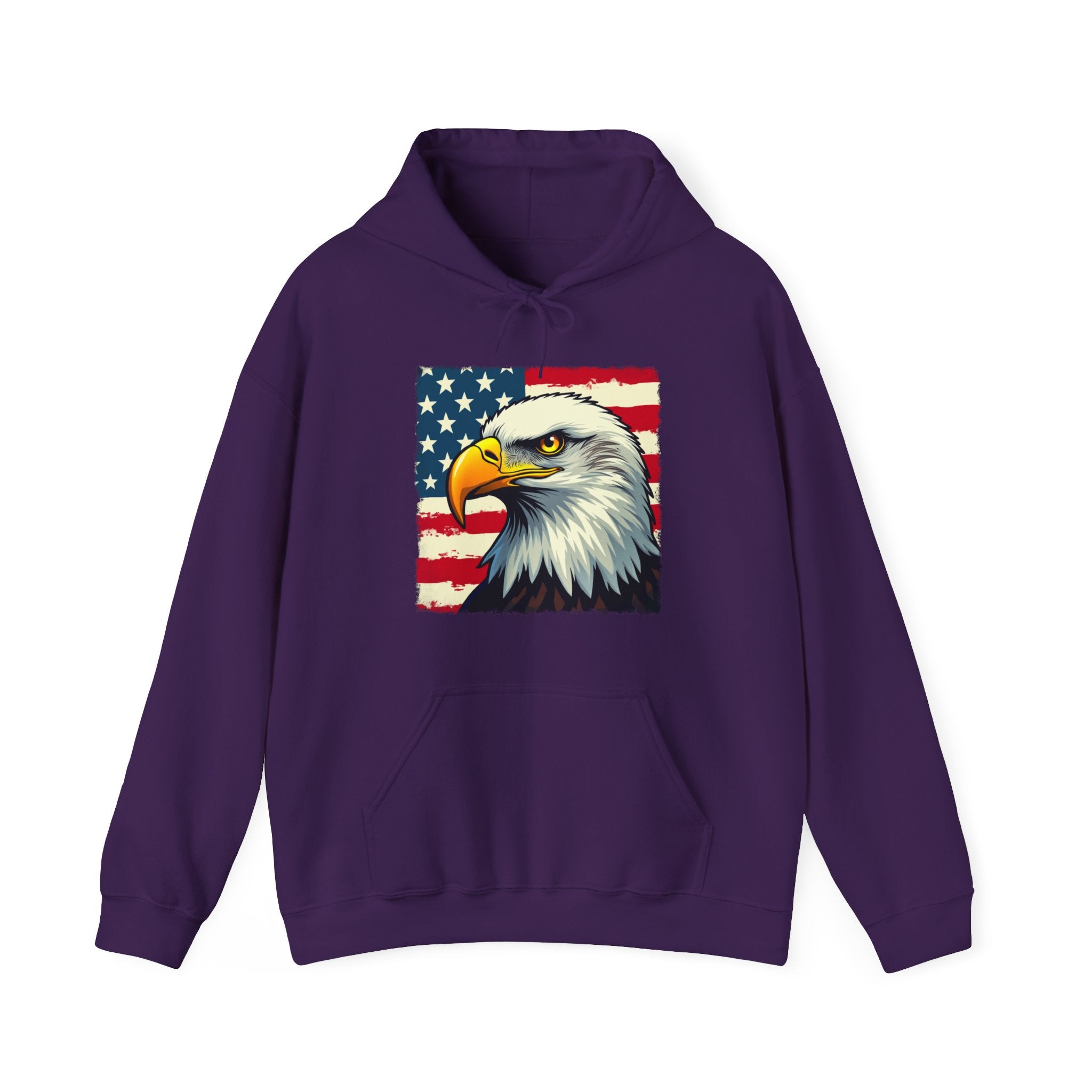 Purple hoodie with an eagle and American flag design on a white background