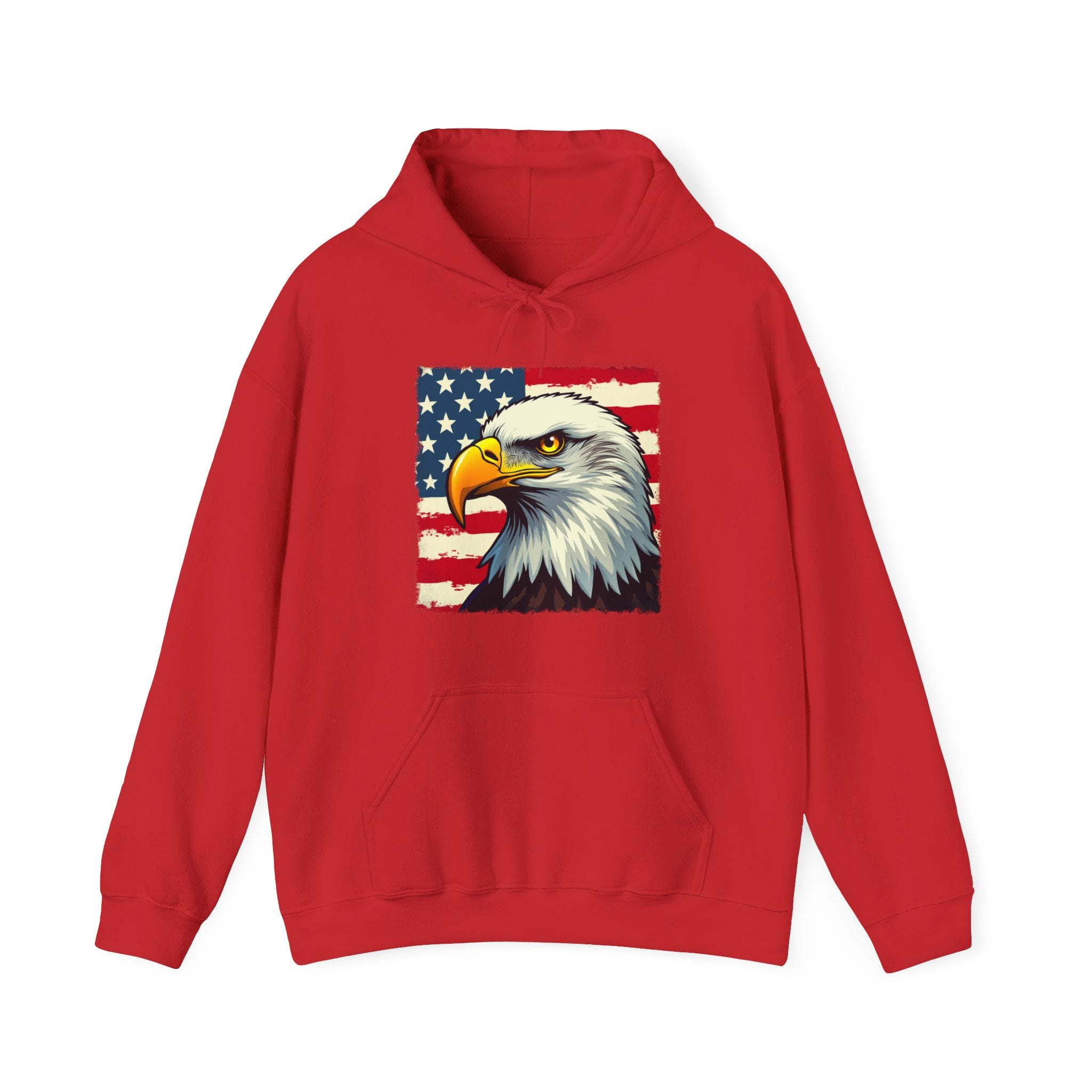 Red hoodie with an eagle and American flag design on a white background