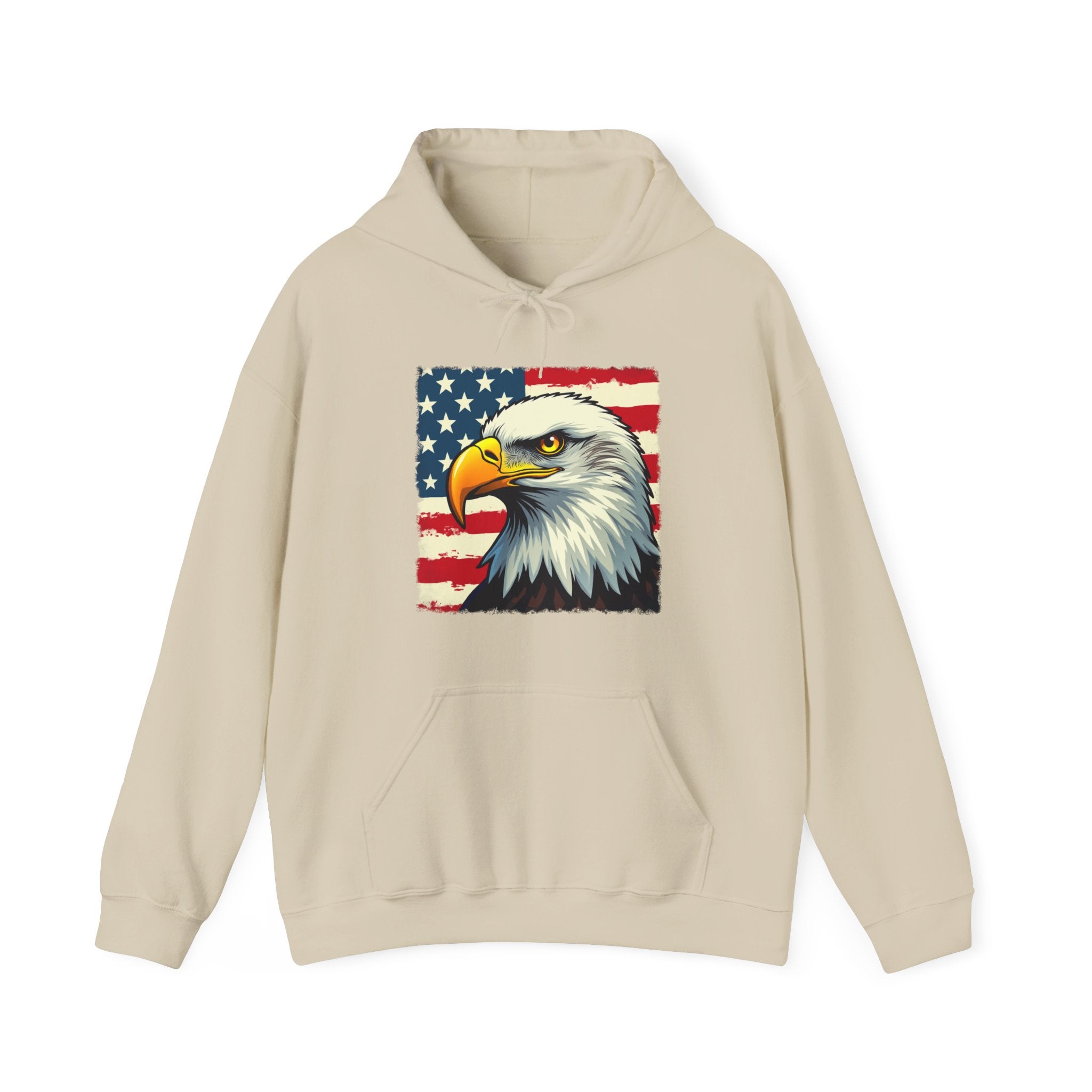 Beige hoodie with an eagle and American flag design on a white background