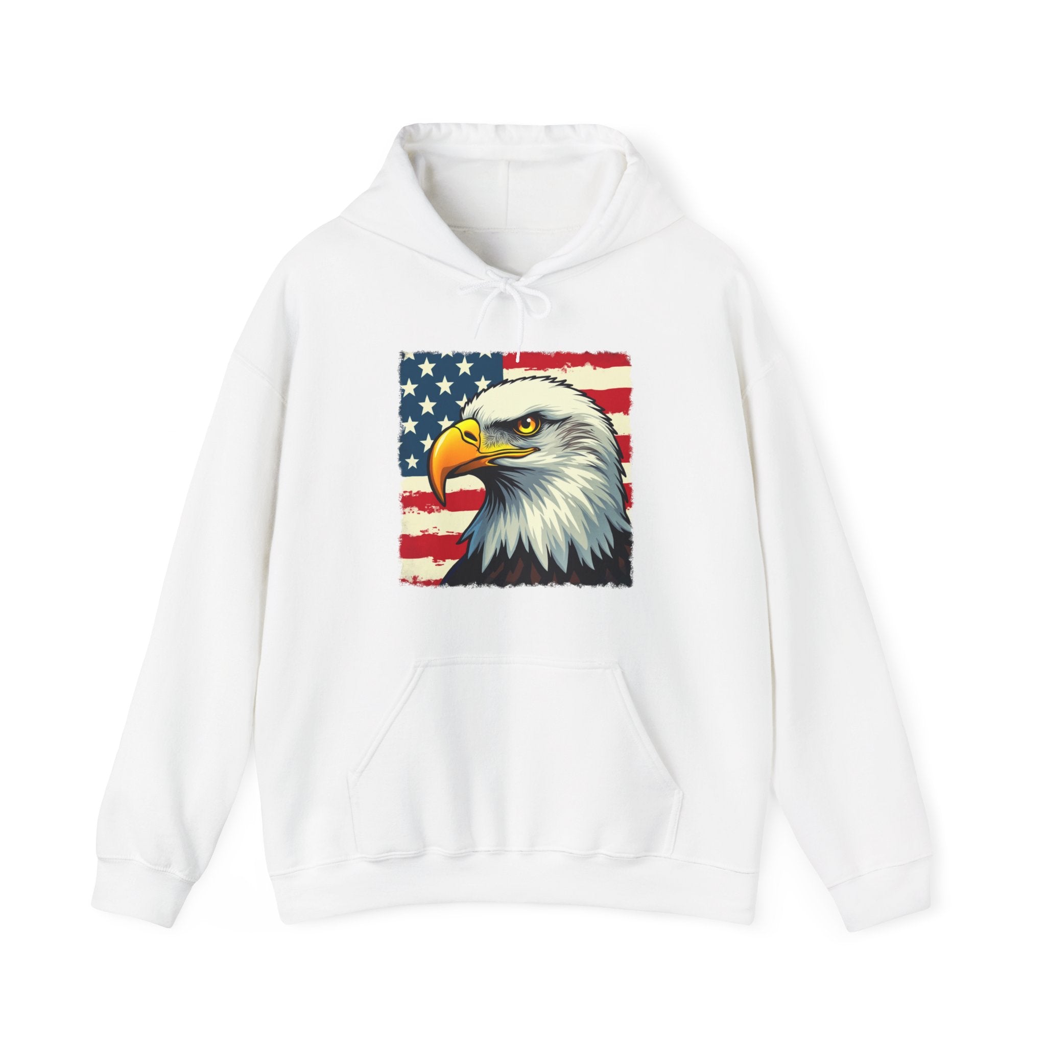 White hoodie with an eagle and American flag design on a white background