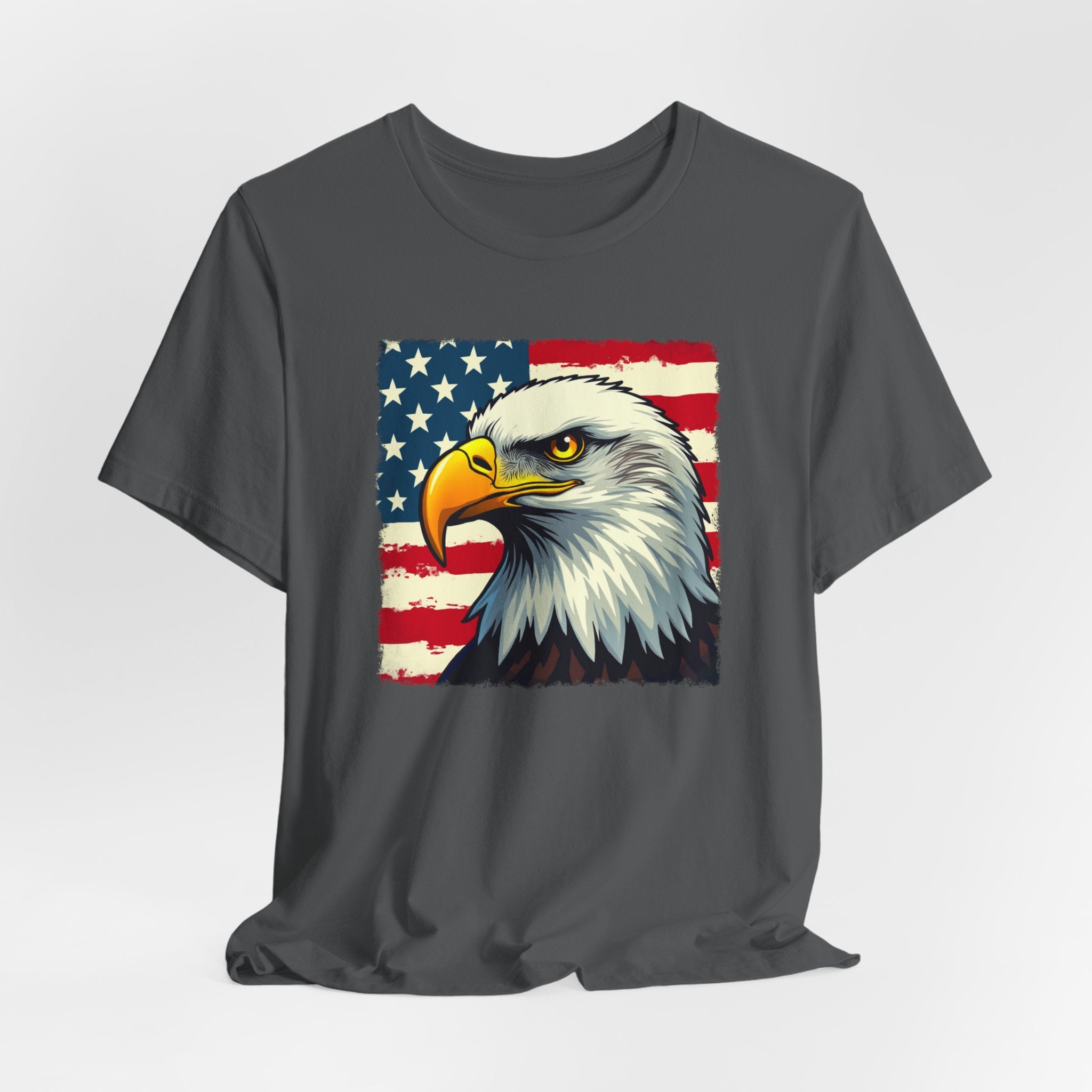 Asphalt gray t-shirt with an eagle and American flag design on a white background