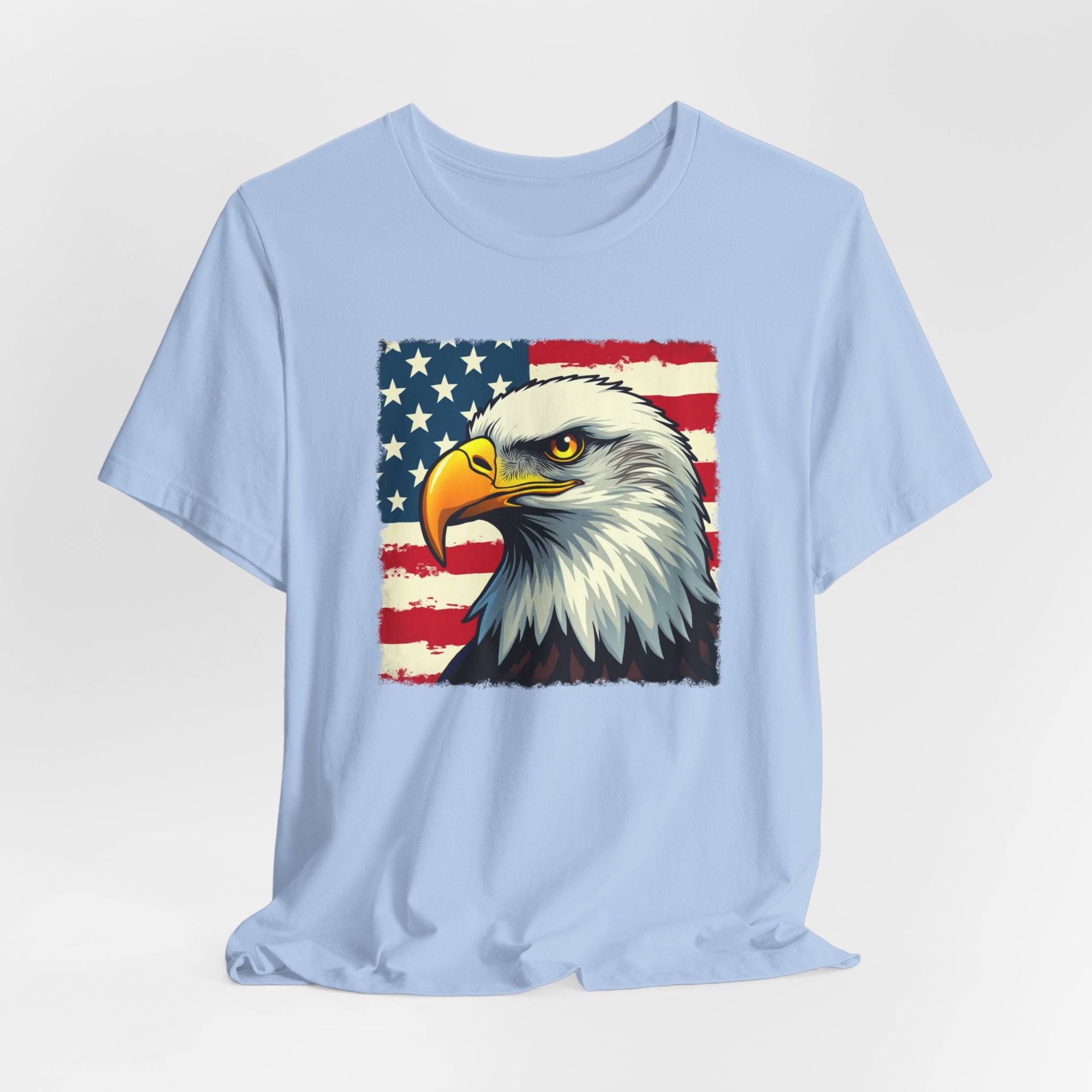 Light blue t-shirt with an eagle and American flag design on a light gray background
