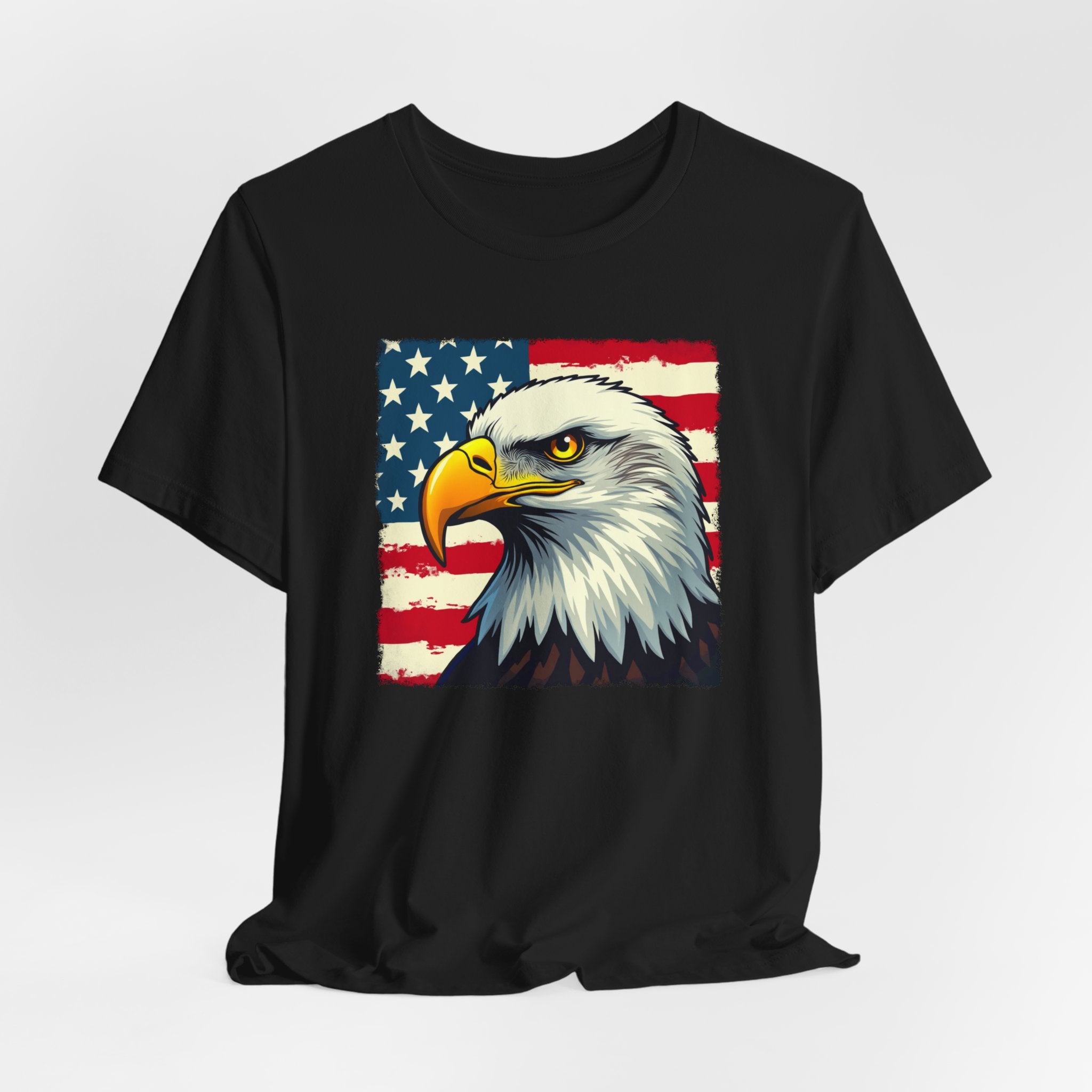 Black t-shirt with an eagle and American flag design on a white background