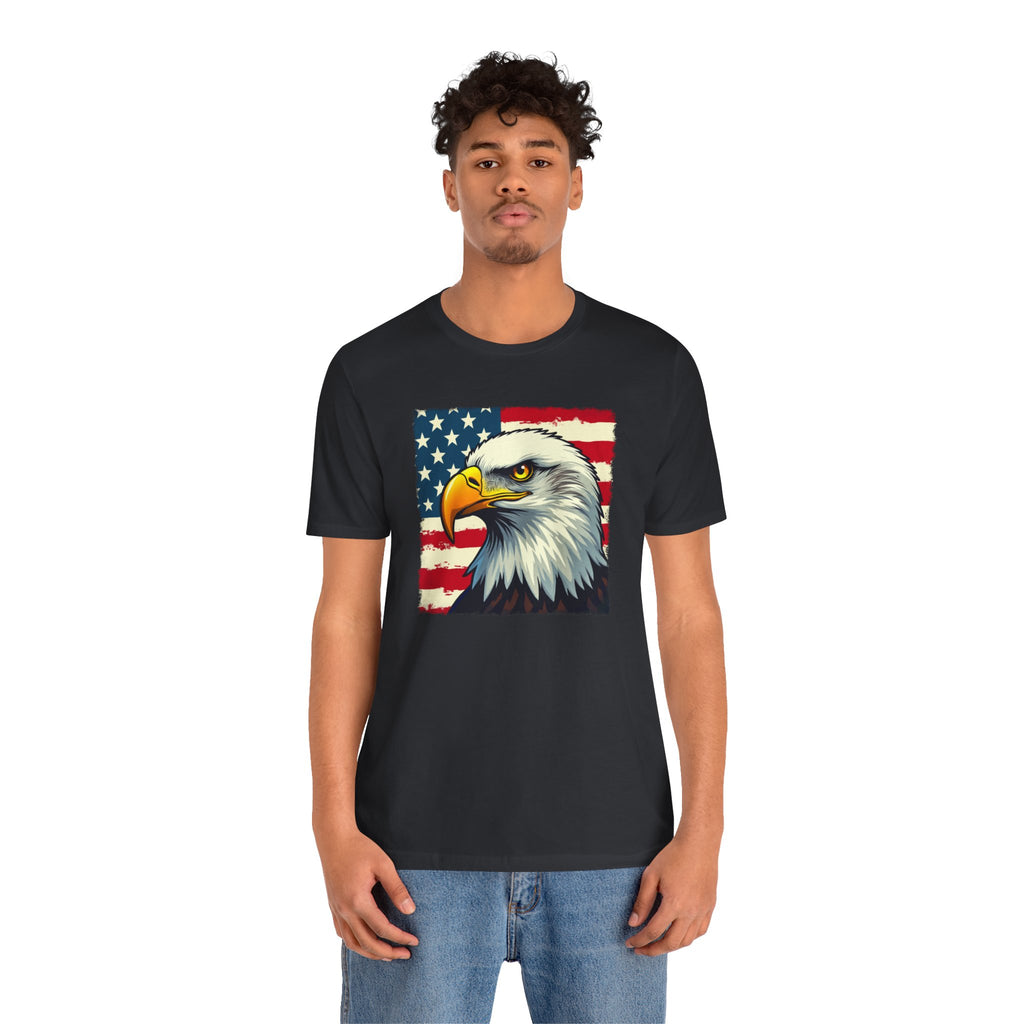 Person wearing a black t-shirt with an eagle and American flag design on a white background