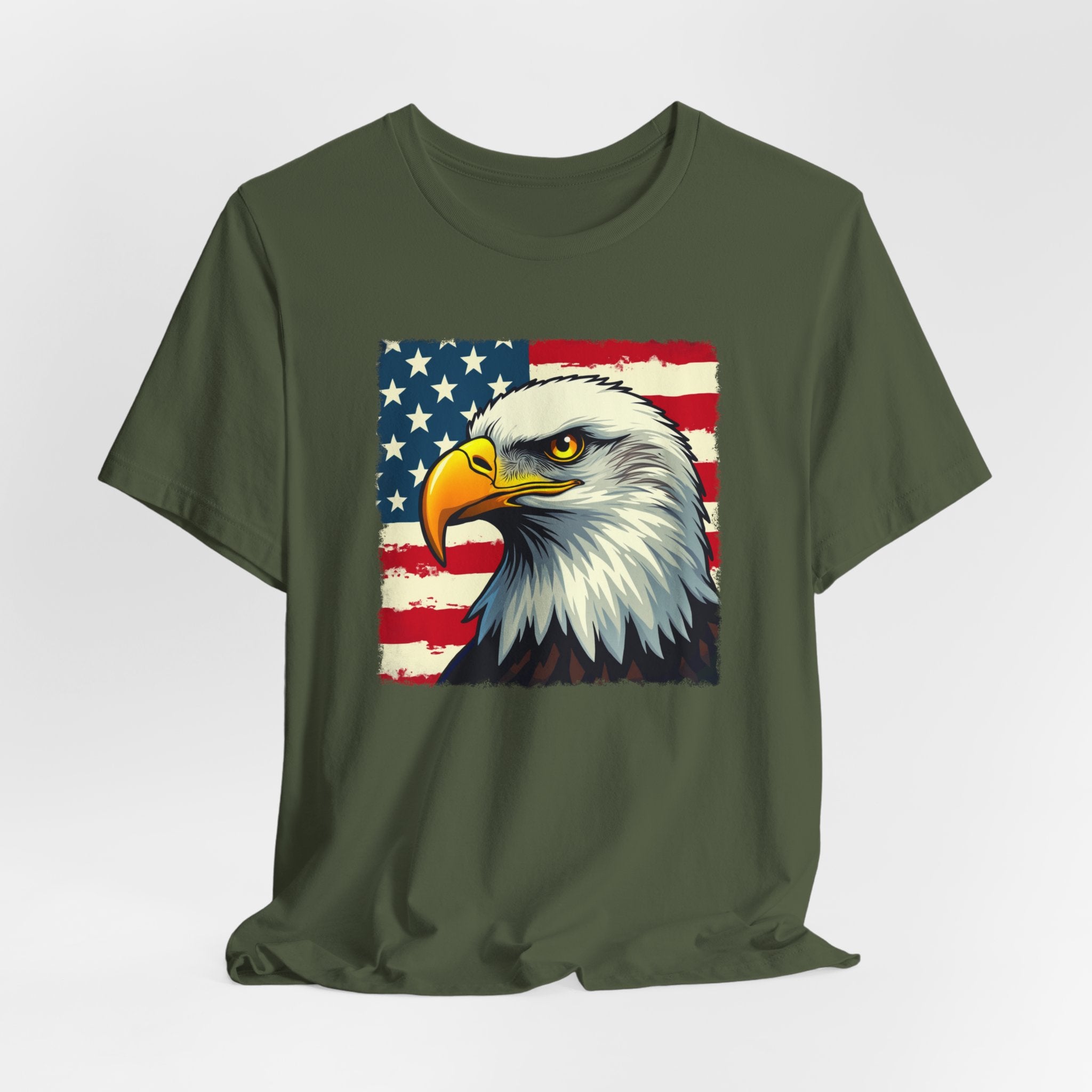 Military green t-shirt with an eagle and American flag design on a white background