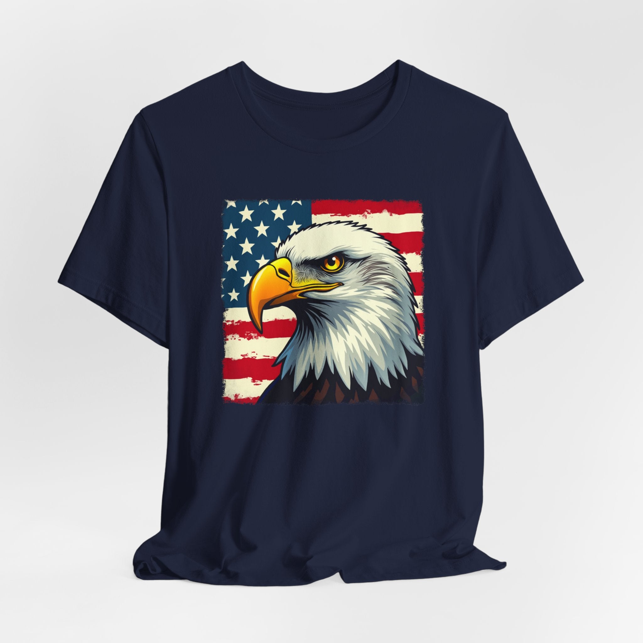 Navy blue t-shirt with an eagle and American flag design on a white background