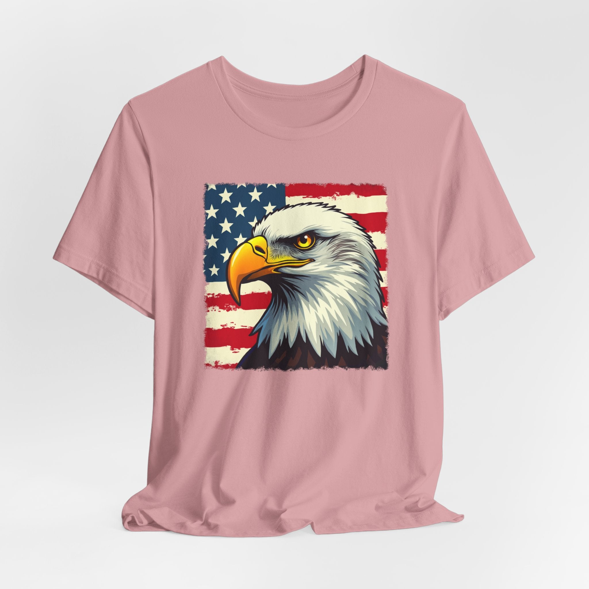 Orchid pink t-shirt with an eagle and American flag design on a white background
