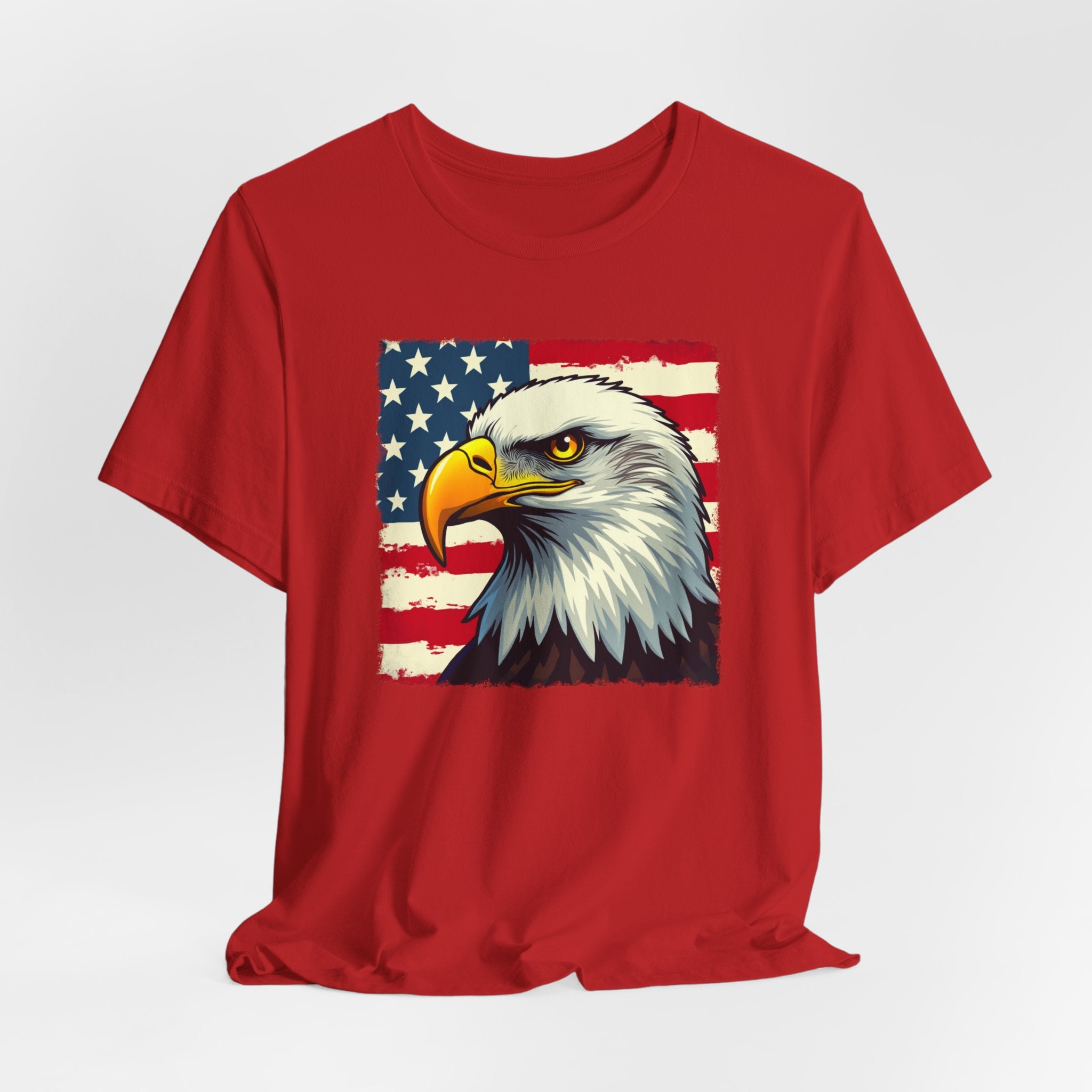 Red t-shirt with an eagle and American flag design on a white background