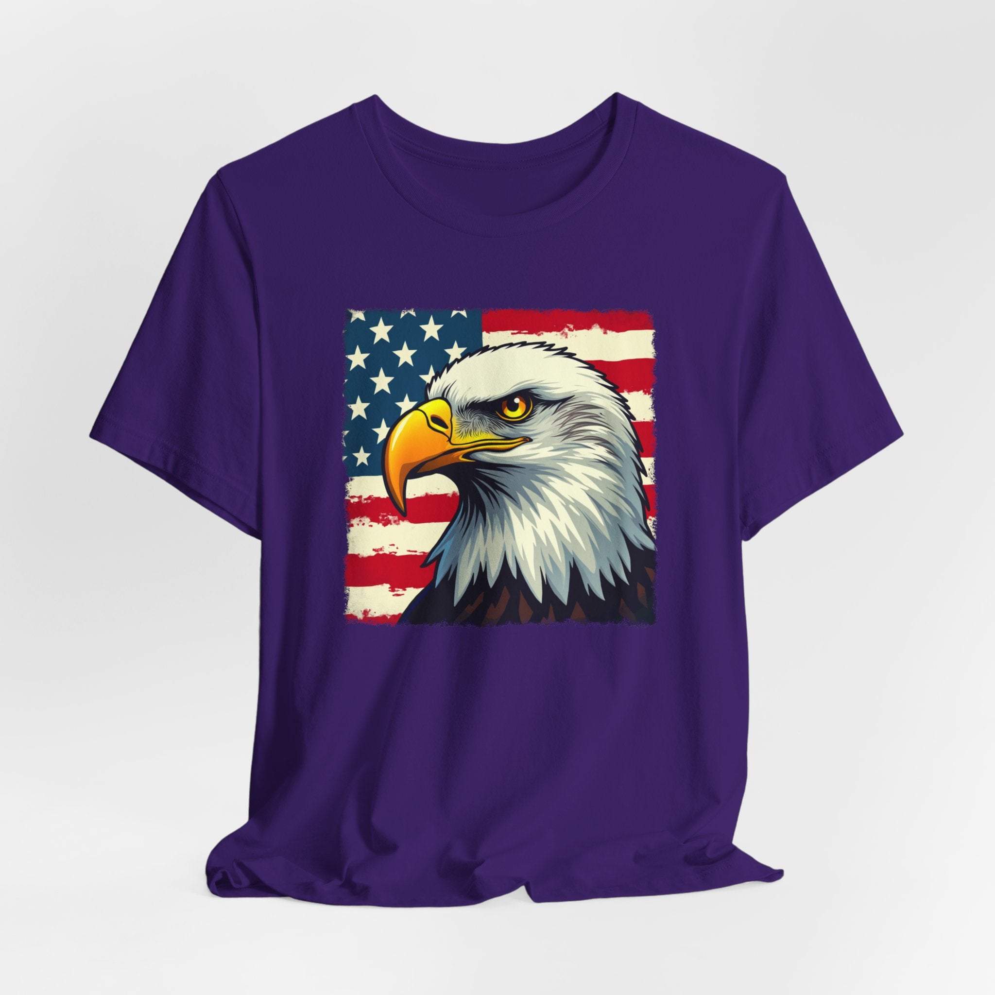 Purple t-shirt with an eagle and American flag design on a white background