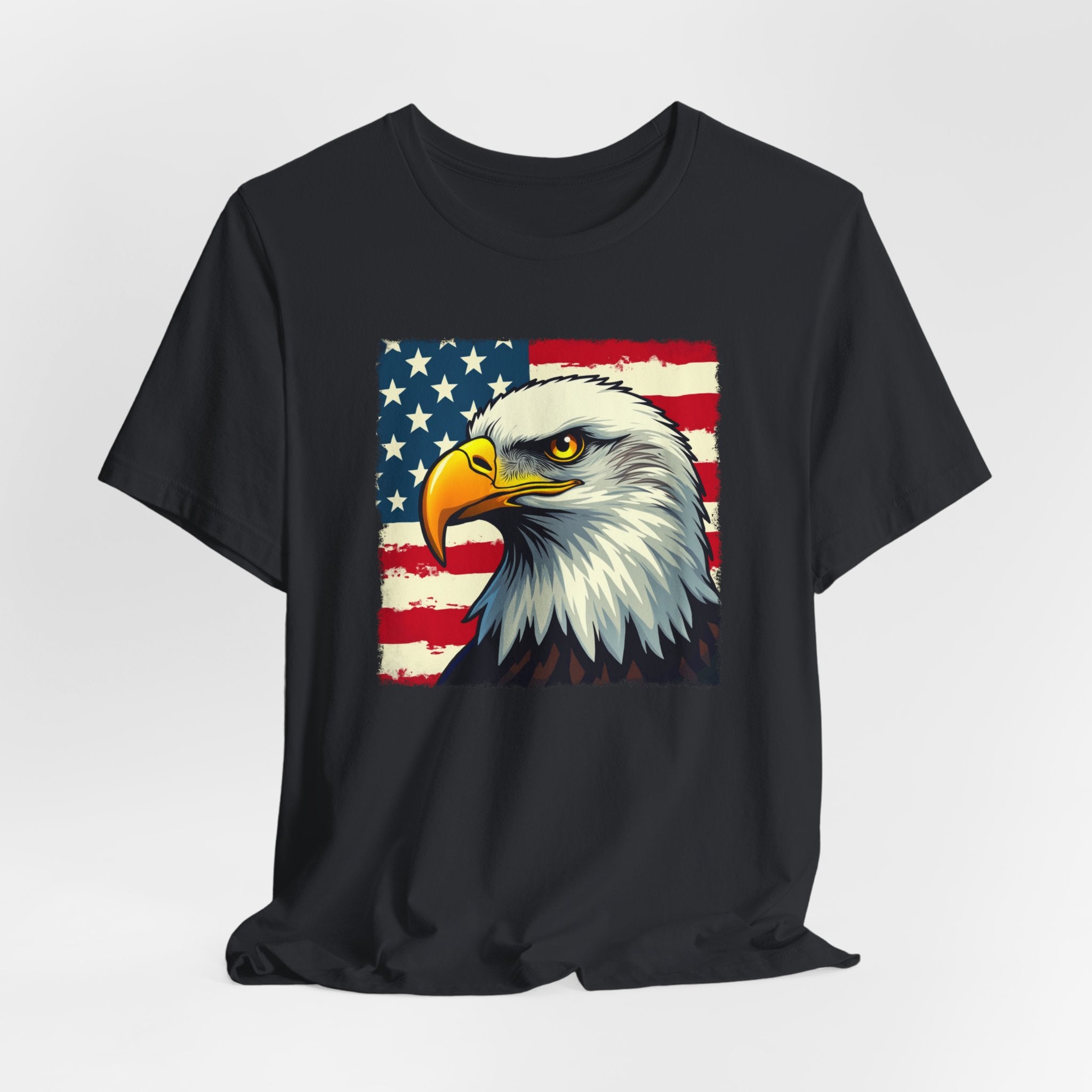 Vintage black t-shirt with an eagle and American flag design on a white background