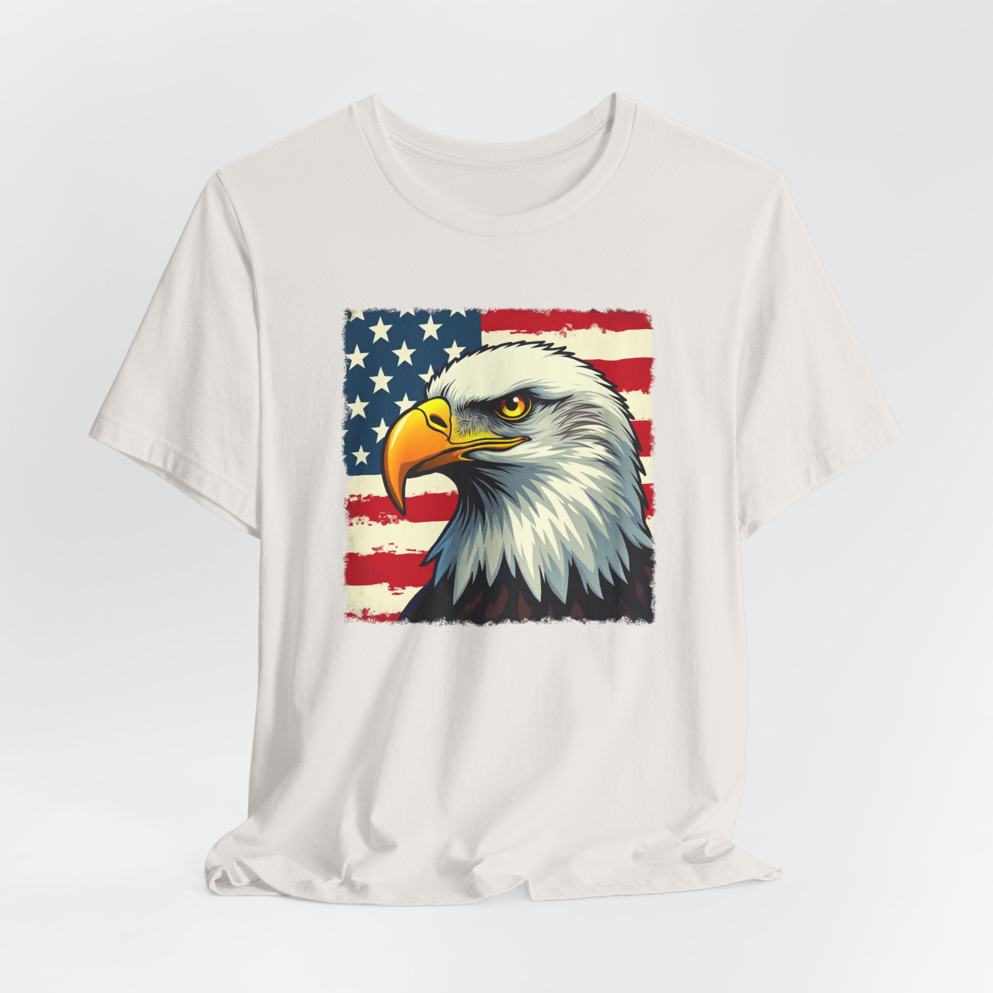 Vintage white t-shirt with a graphic of an eagle and American flag on a white background