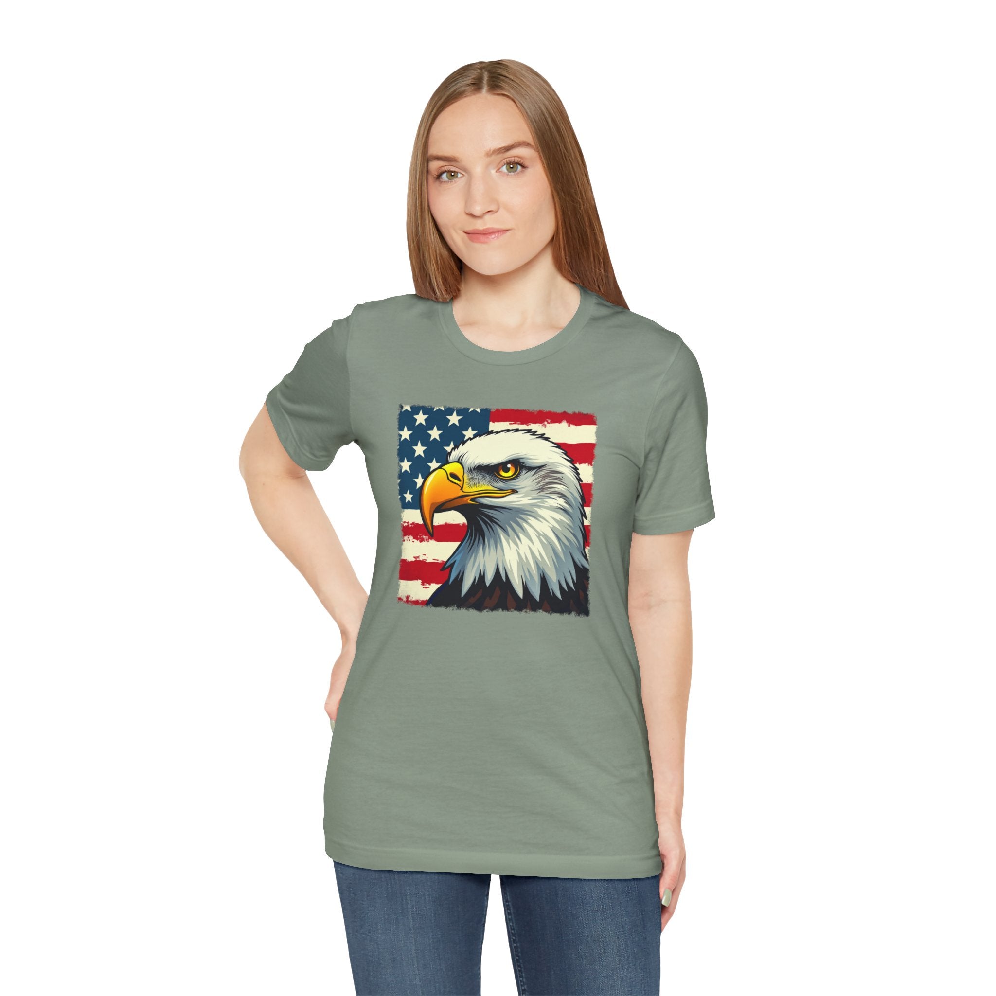 Woman wearing a green t-shirt with an eagle and American flag design on a white background