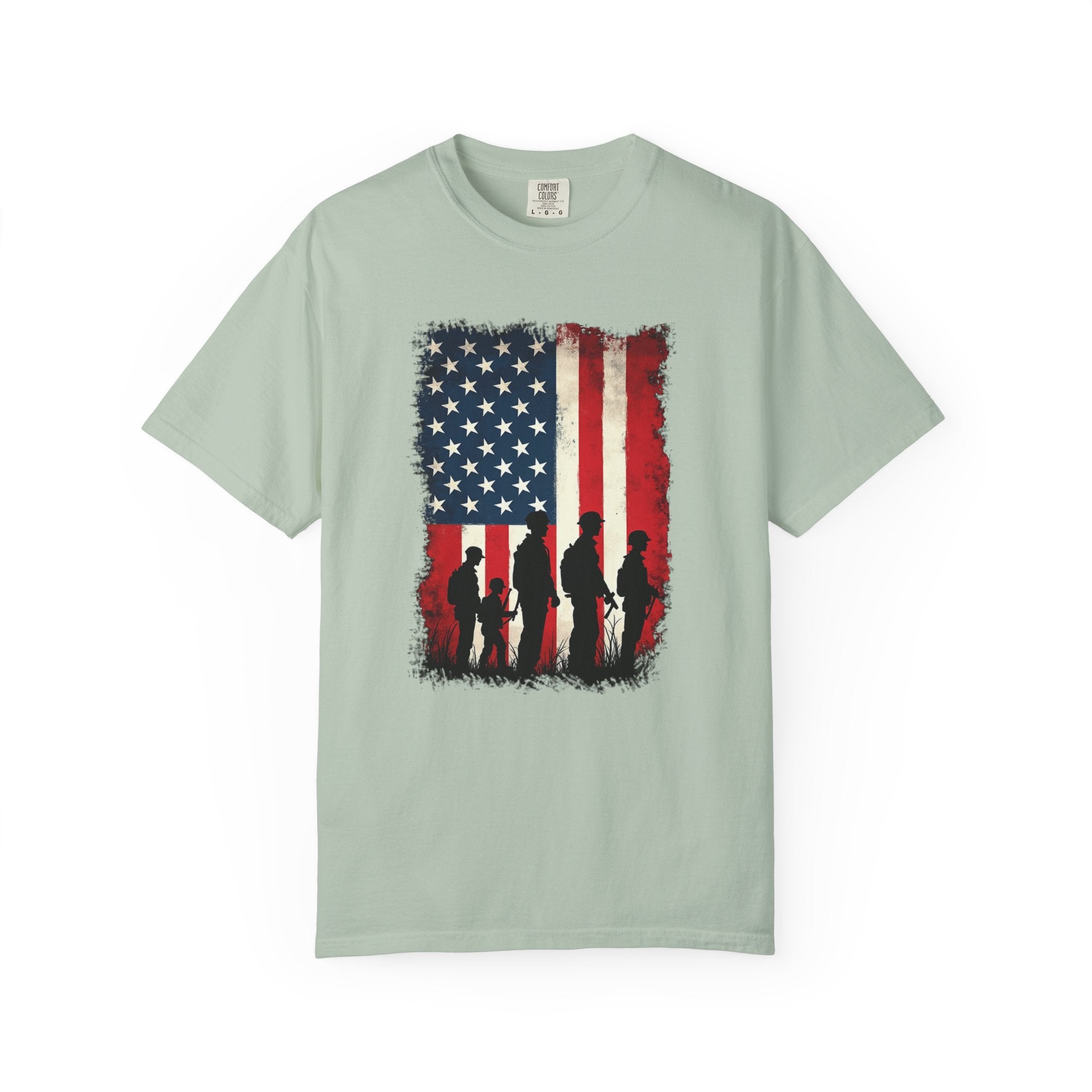 Bay light green t-shirt with American flag and silhouette design on a white background