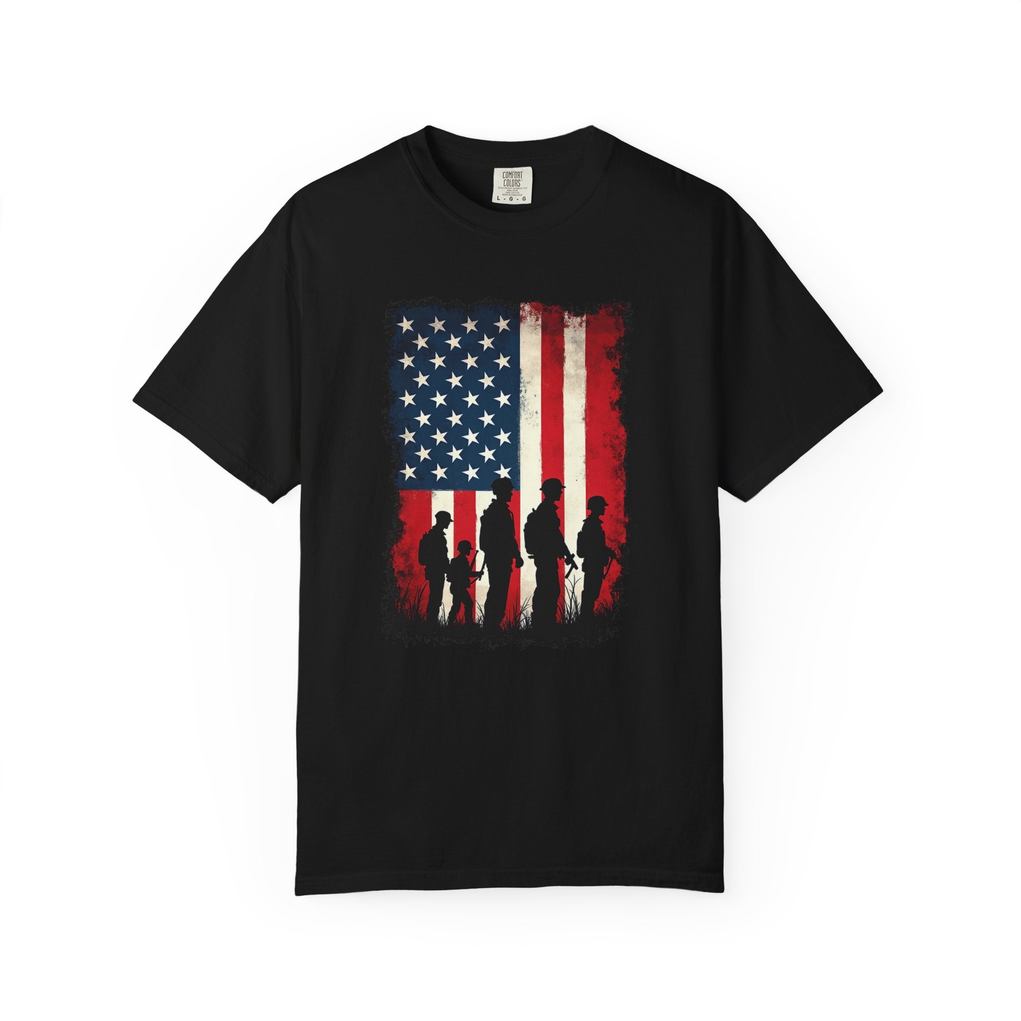 Black t-shirt with American flag and silhouette design on a white background