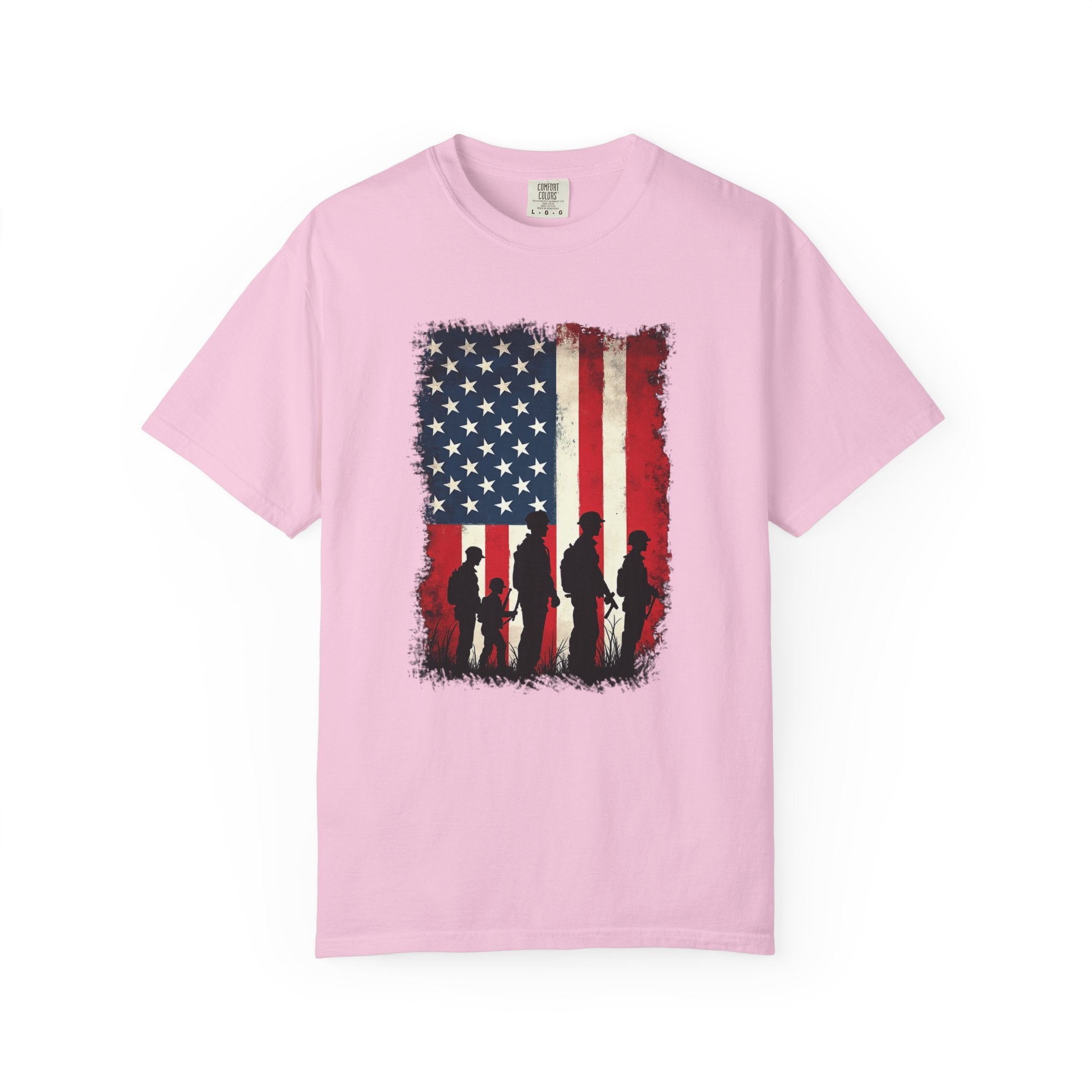 Blossom pink t-shirt with American flag and silhouette design on a white background