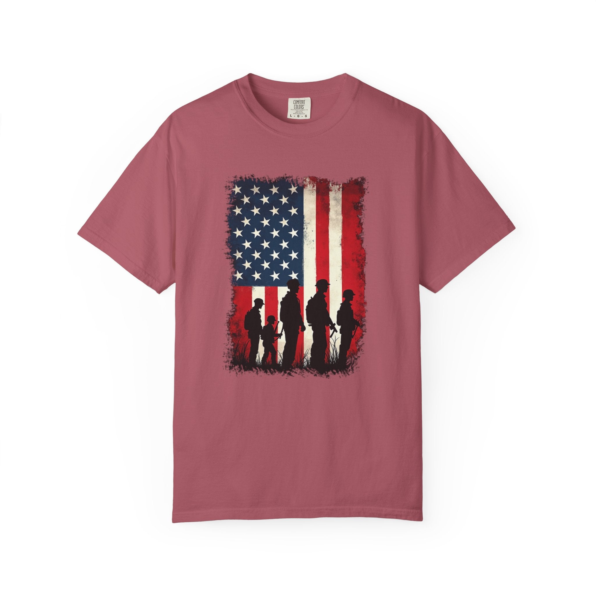 Crimson t-shirt with American flag and silhouette design on a white background