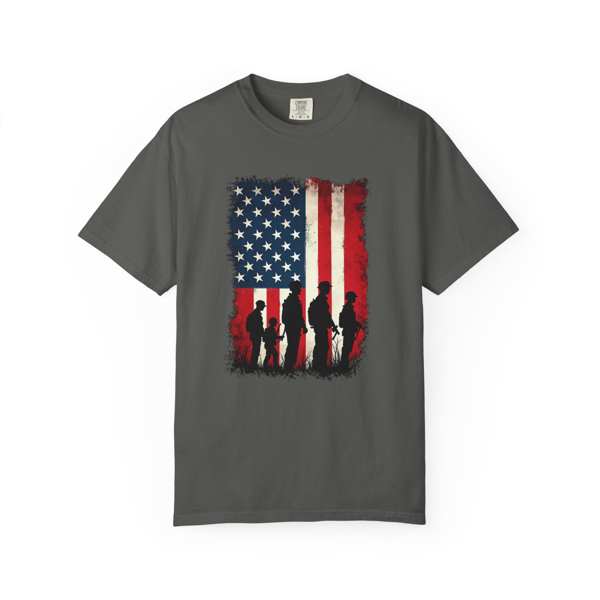 Graphite grey t-shirt with American flag and silhouette design on a white background