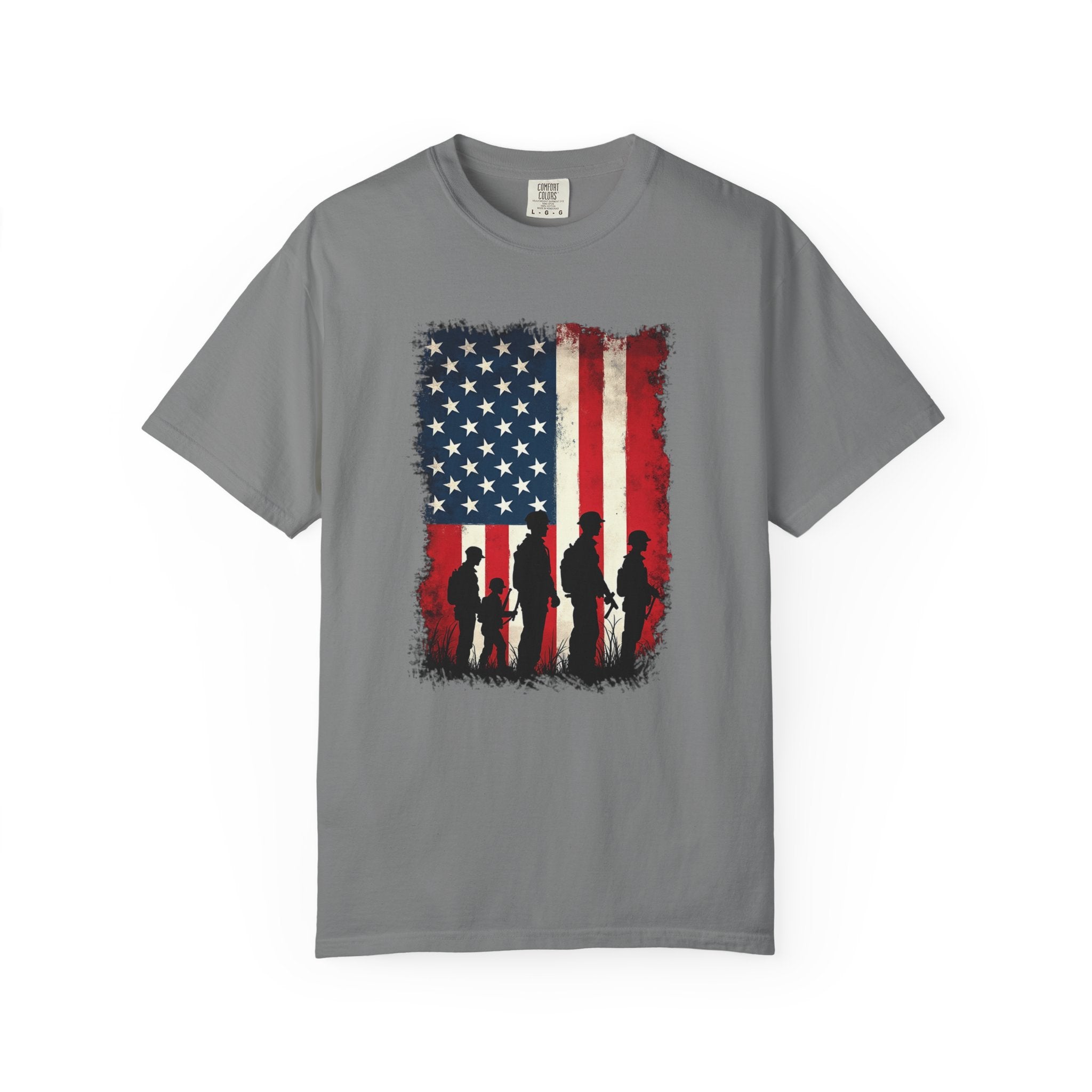 Grey t-shirt with American flag and silhouette design on a white background