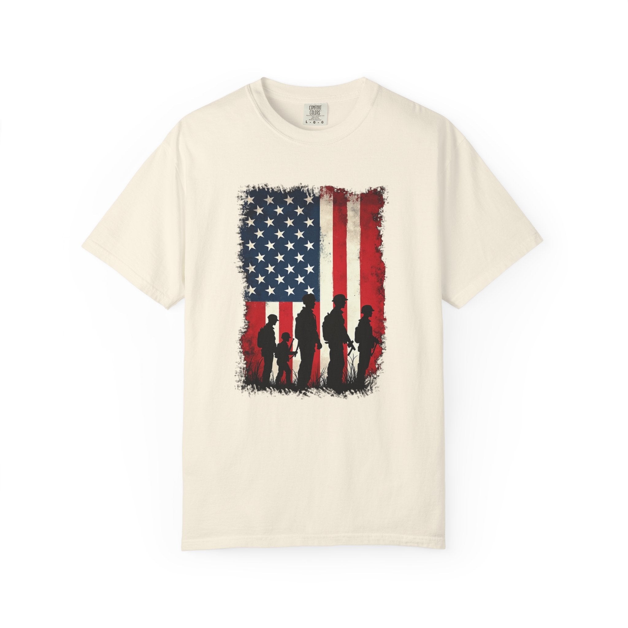 Ivory beige t-shirt with American flag and silhouette design on a white background