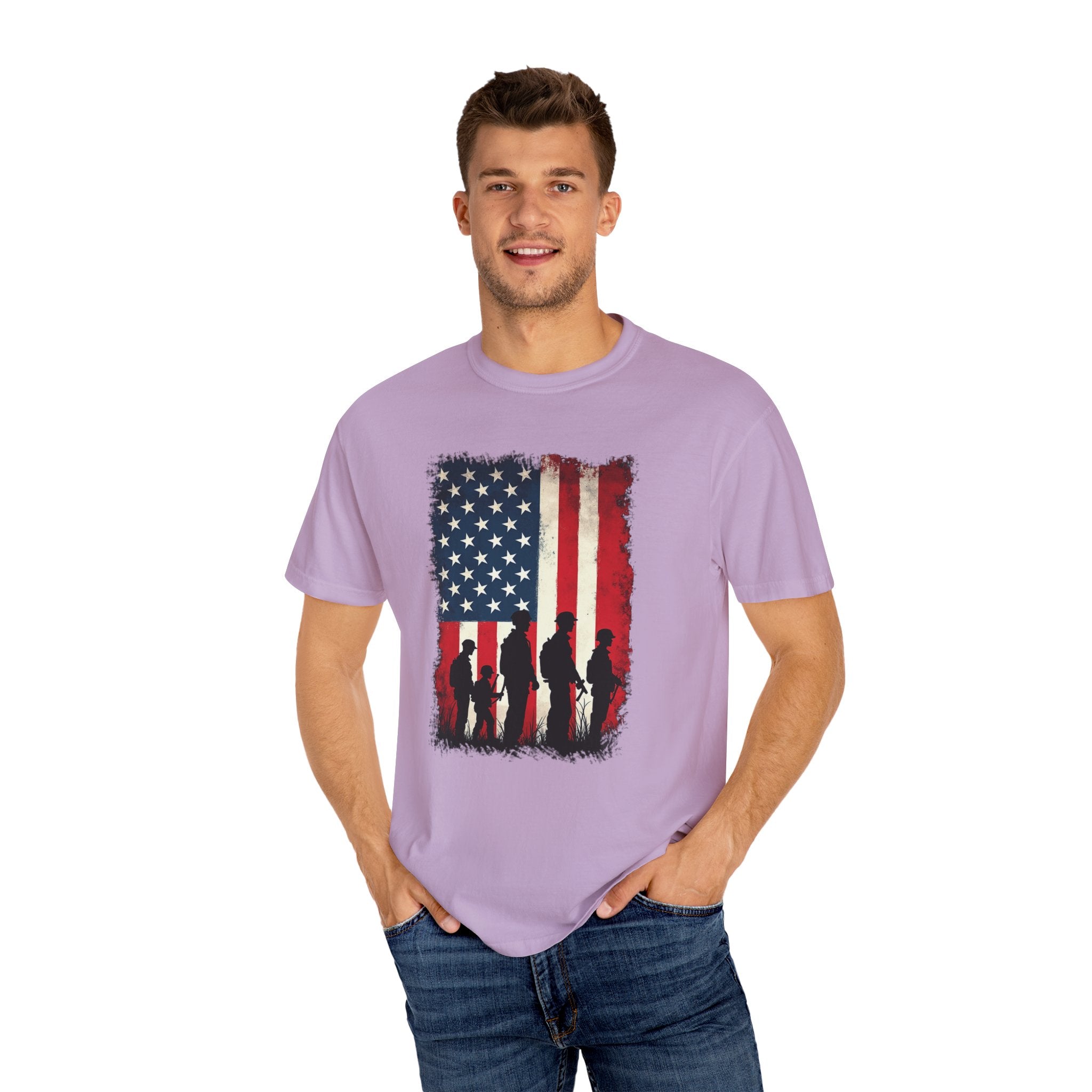 Man wearing a purple t-shirt with an American flag and silhouette design on a white background