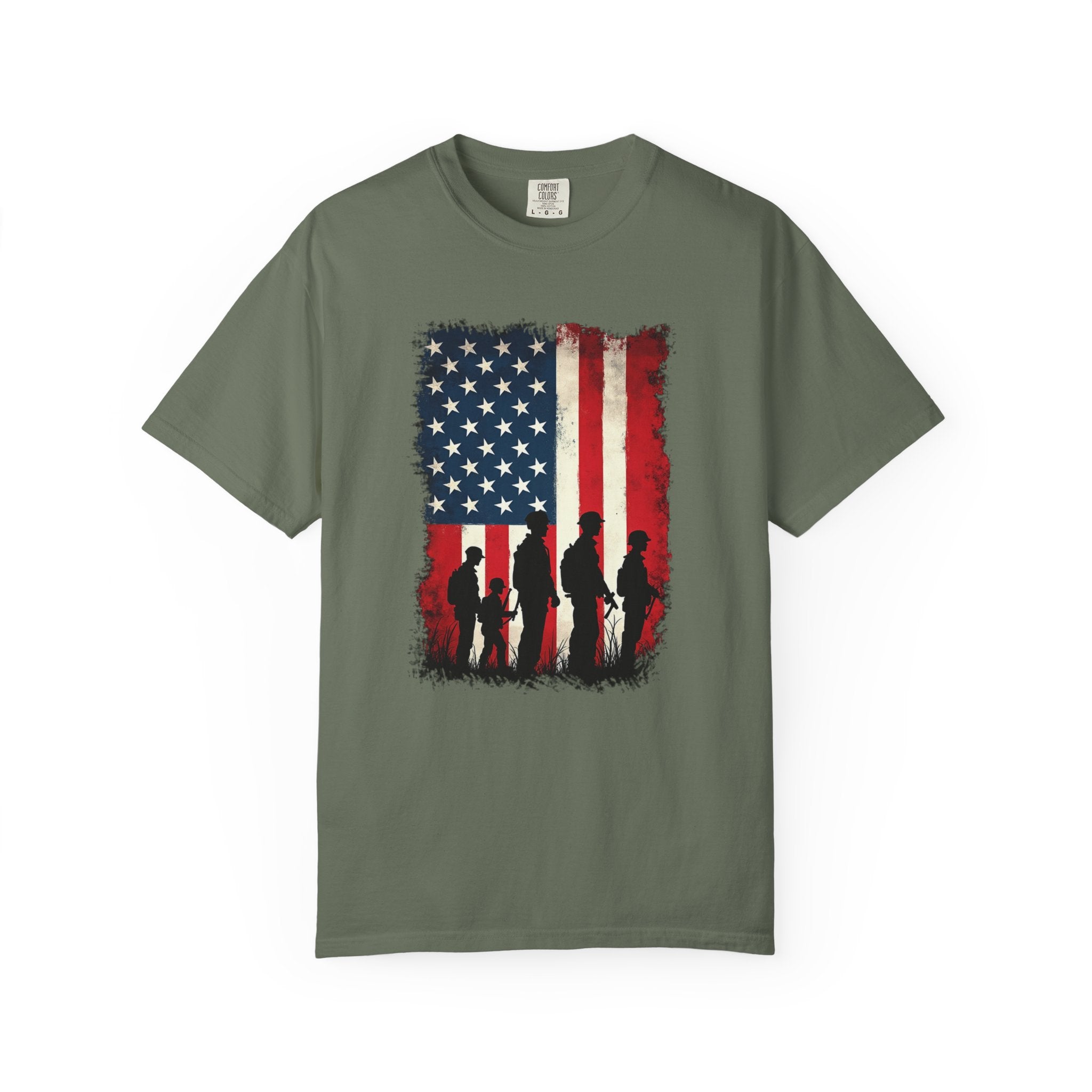 Moss green t-shirt with American flag and silhouette design on a white background