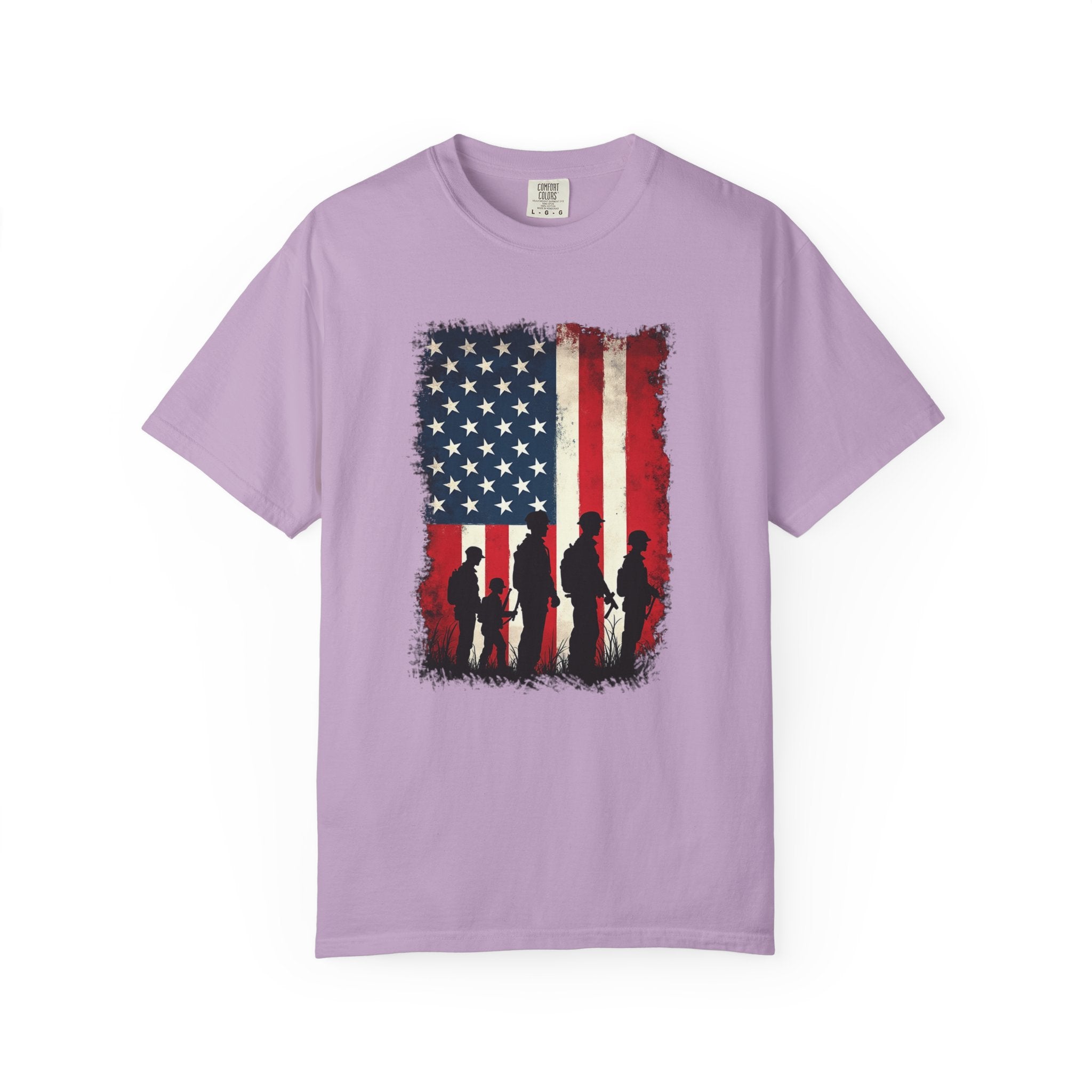 Orchid purple t-shirt with American flag and silhouette design on a white background