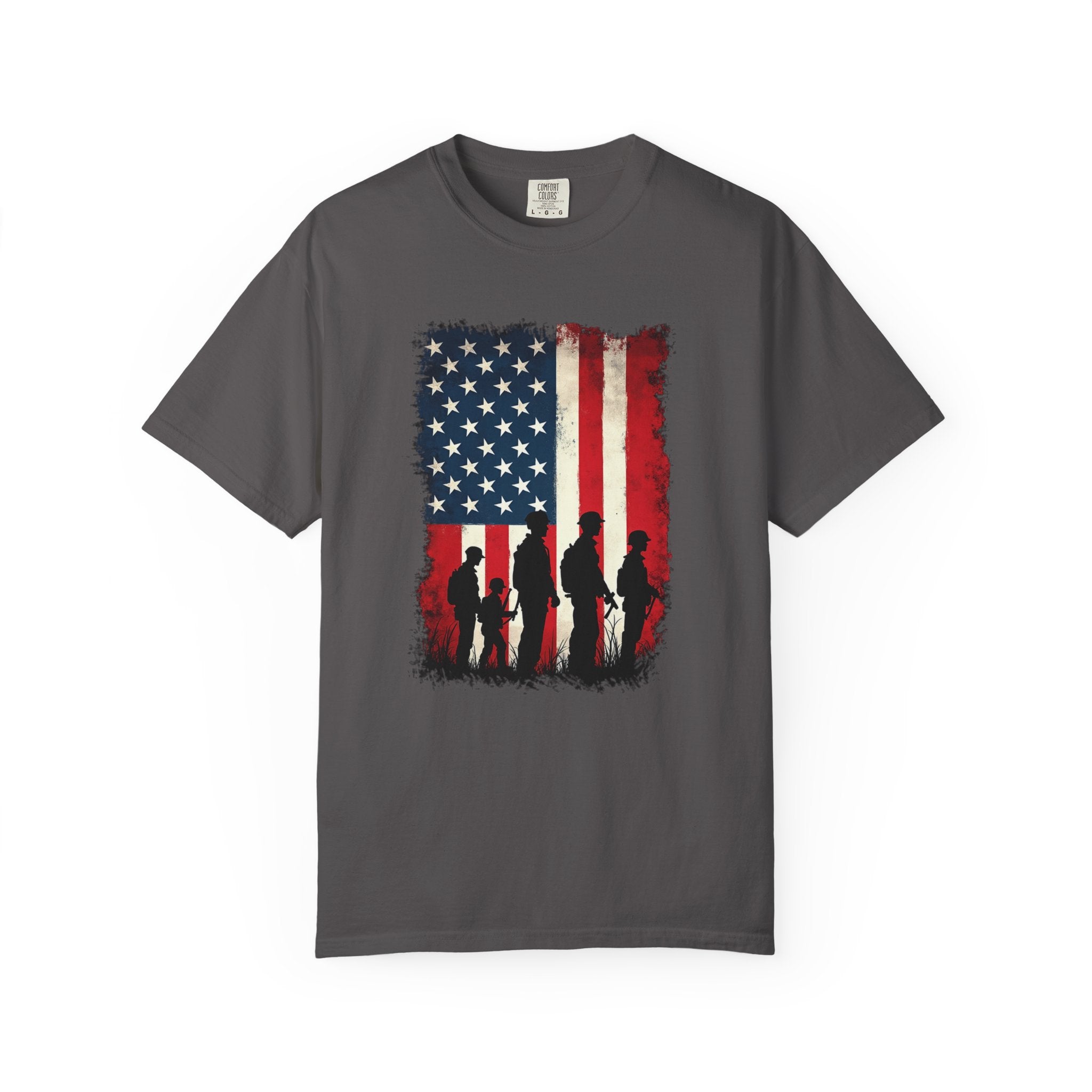 Pepper grey t-shirt with American flag and silhouette design on a white background