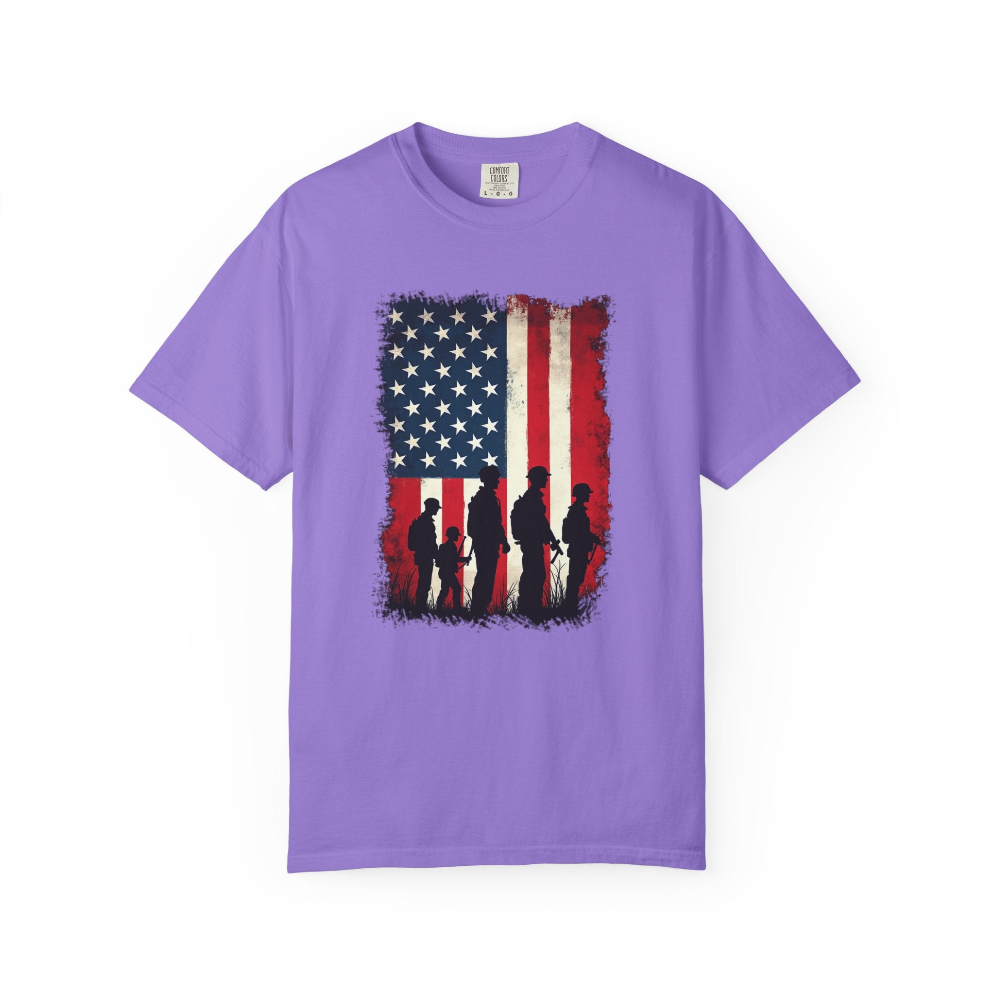 Purple t-shirt with American flag and silhouette design on a white background