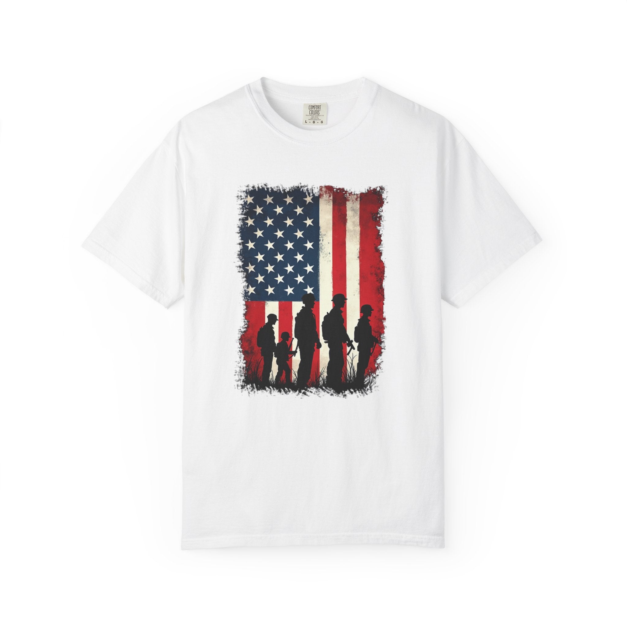 White t-shirt with American flag and silhouette design on a white background