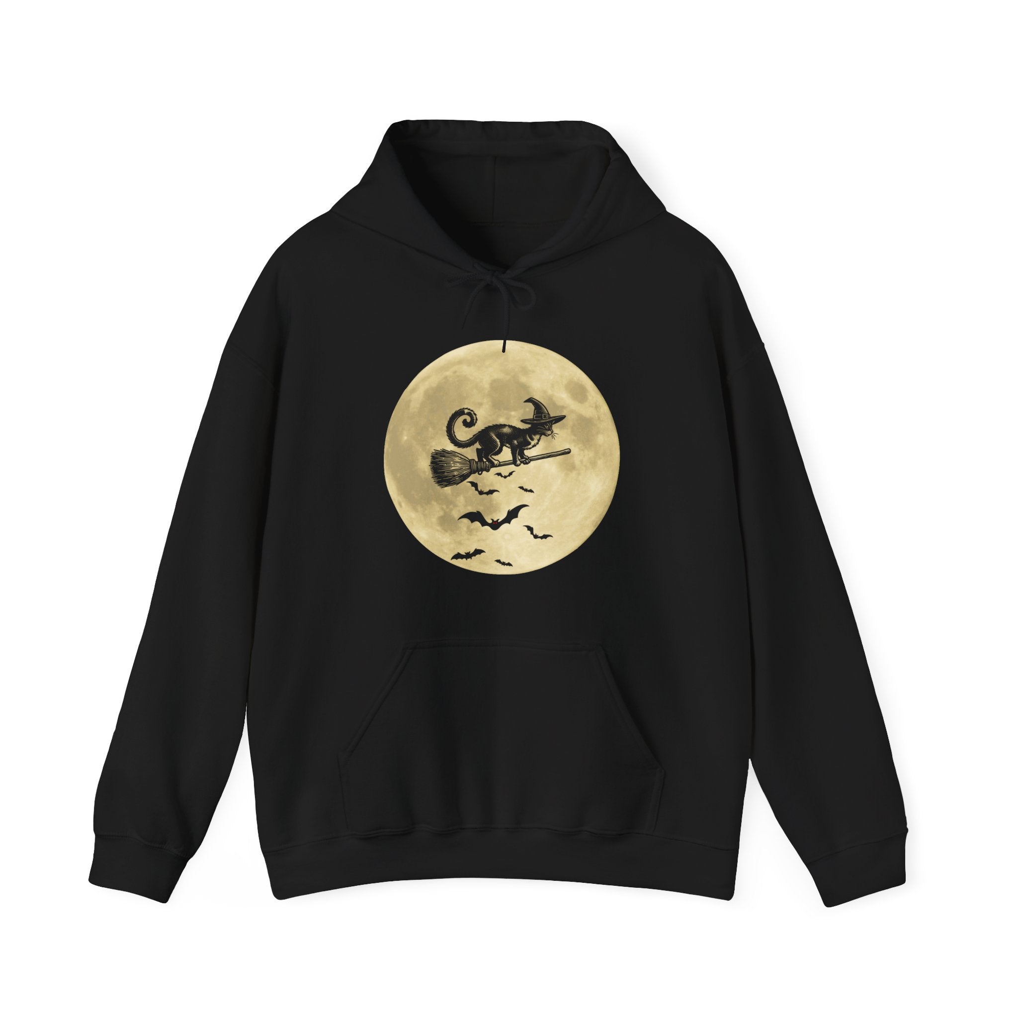 Black hoodie with a Halloween design of a cat on a broomstick over a full moon on a white background
