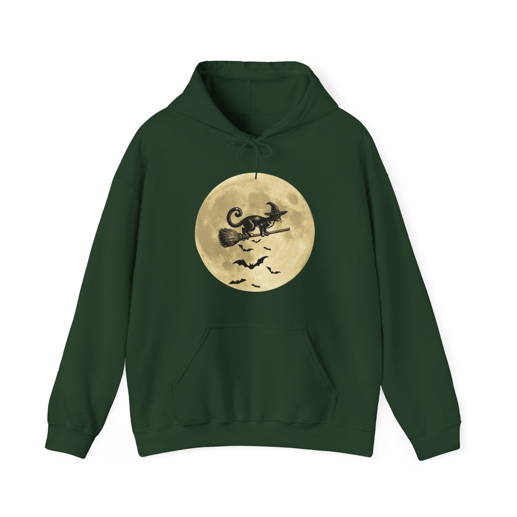 Forest green hoodie with a Halloween-themed design of a cat on a broomstick over a moon and bats on a white background.