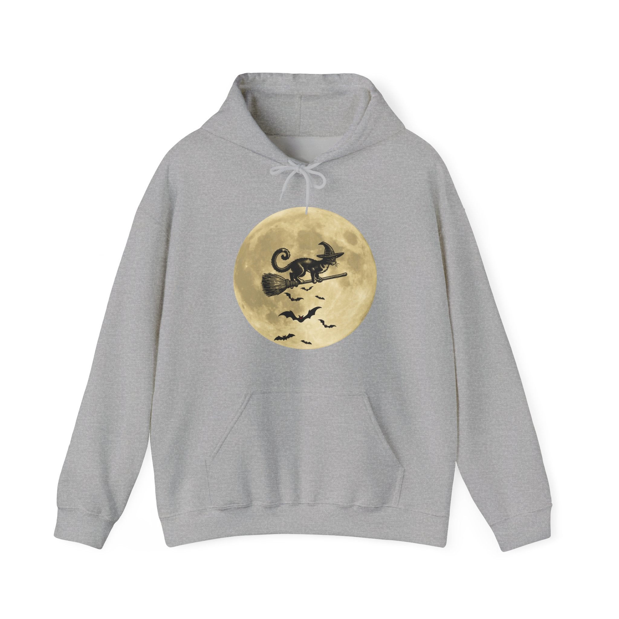 Gray hoodie with a Halloween-themed design on a white background